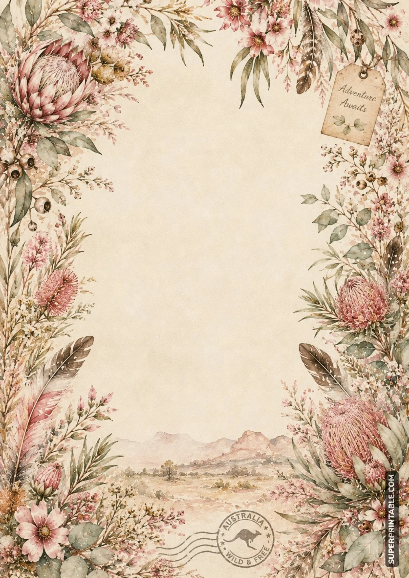 Pink native floral writing page with flowers, leaves, feathers, and landscape