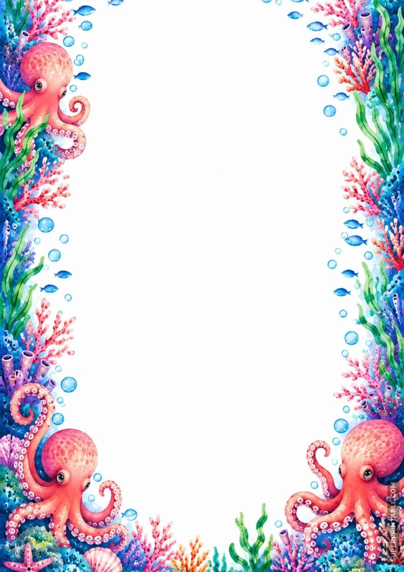 Pink octopuses nestled among coral reefs and seaweed creating a page border.