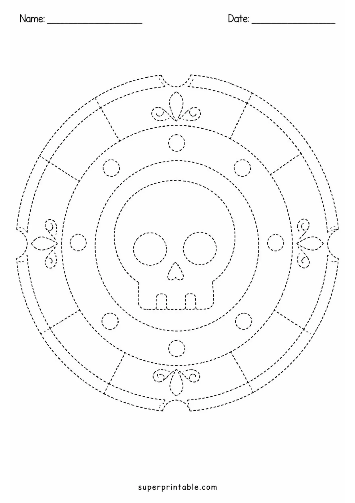 Dashed line illustration of a pirate coin with a skull design.