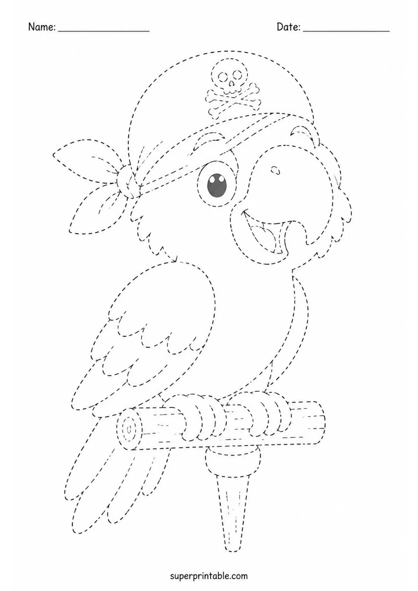 Dotted outline of a cute parrot found in pirate tracing pages.