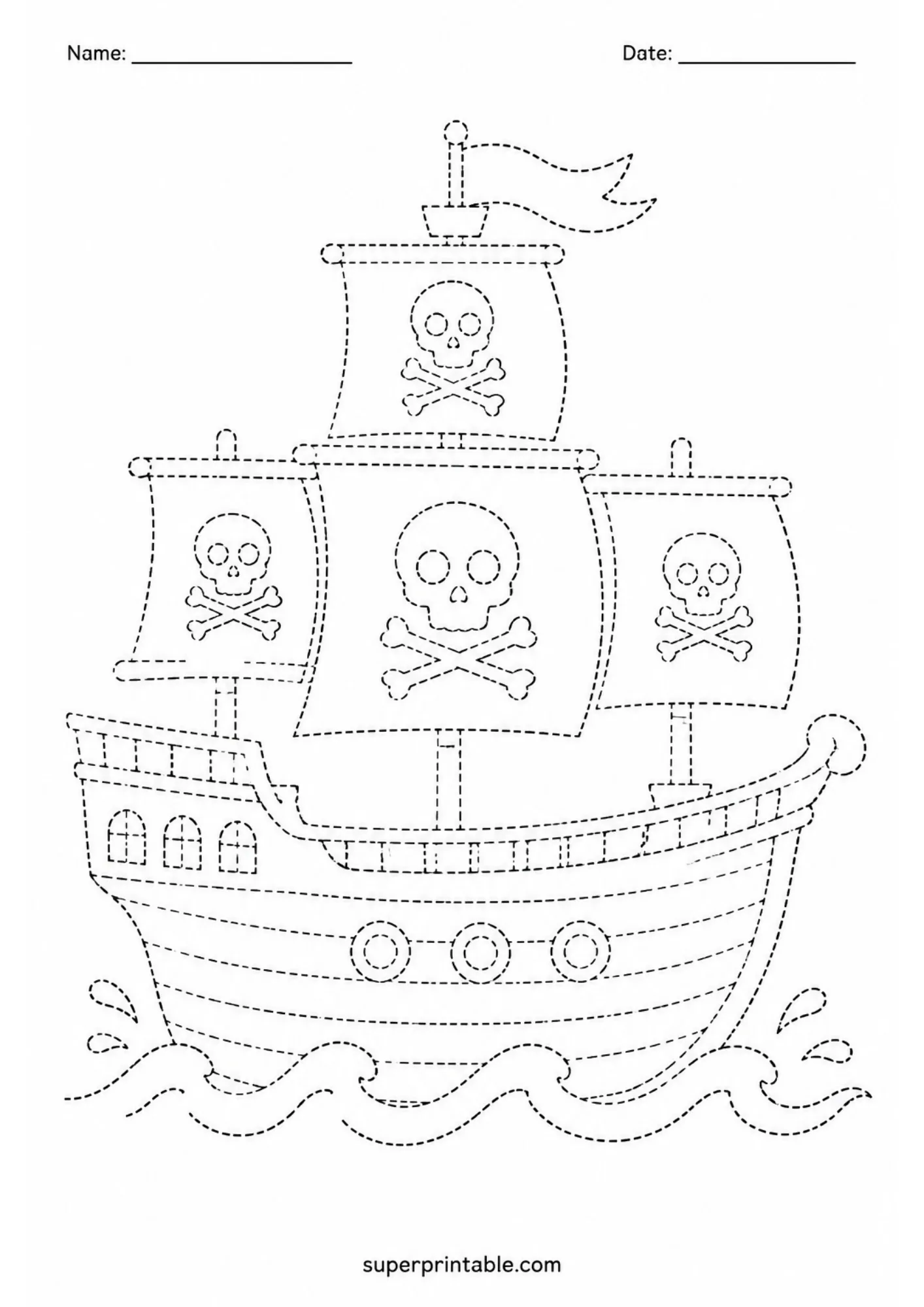 Dashed line pirate ship sailing on waves for kids to trace.