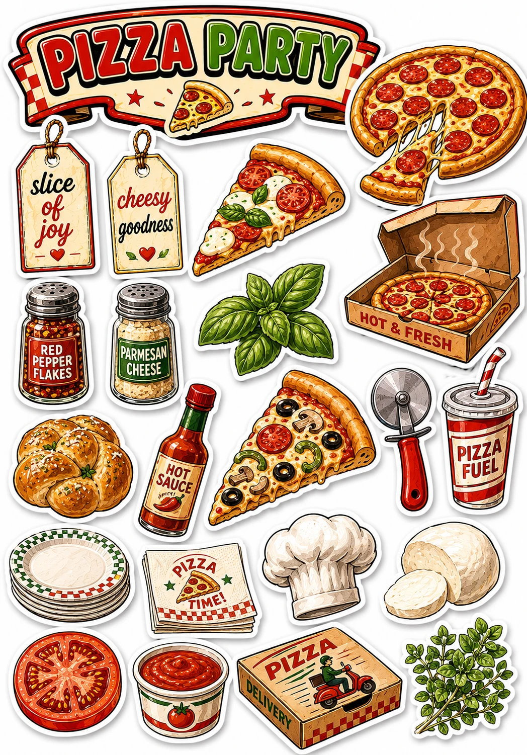 Pizza Party Slice Pepperoni Garlic Bread Sheet featuring fast food, retro diner comfort food, junk food treats, and late night cravings.