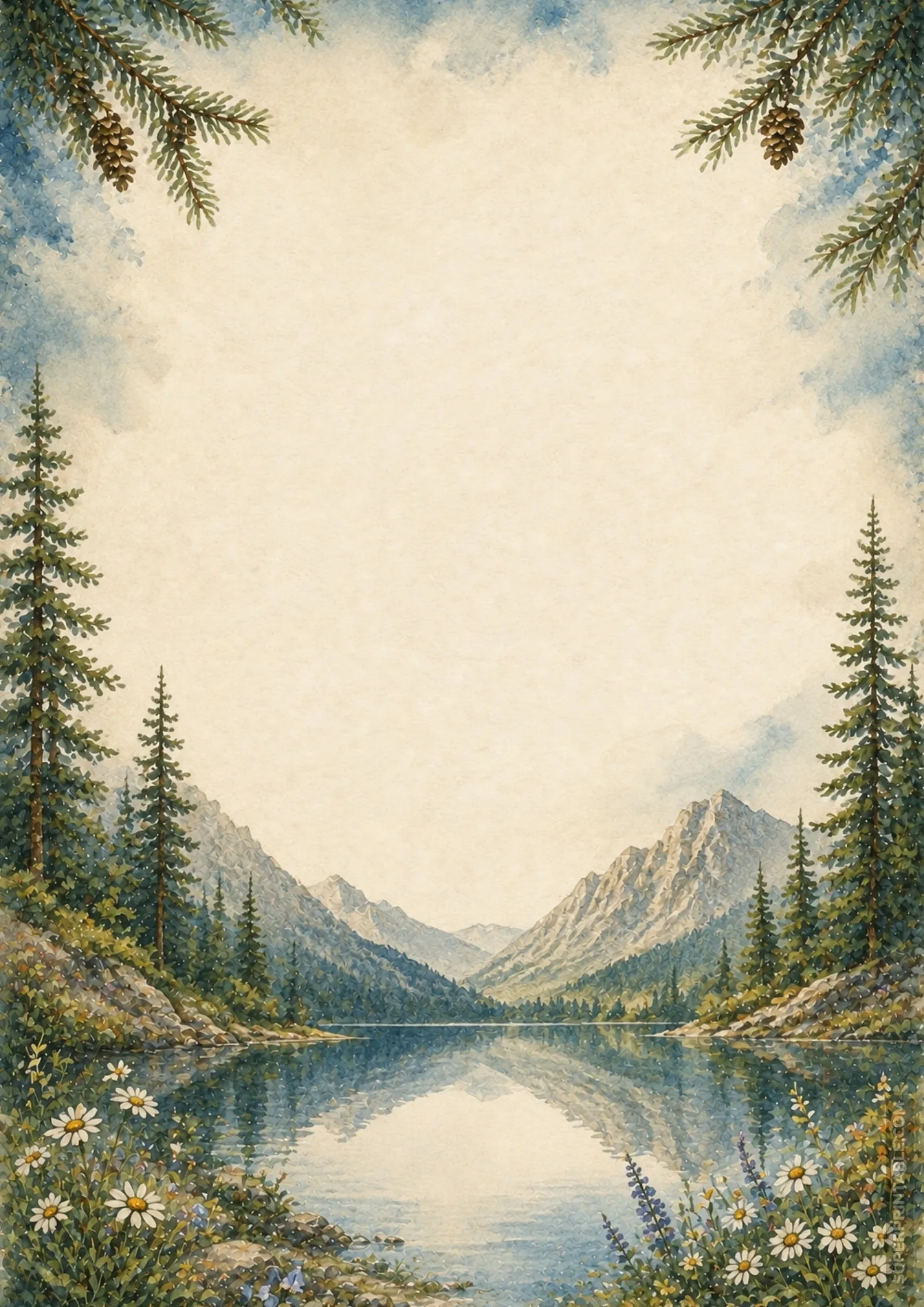 Mirror reflection mountain lake border with white flowers and evergreen forest framing.