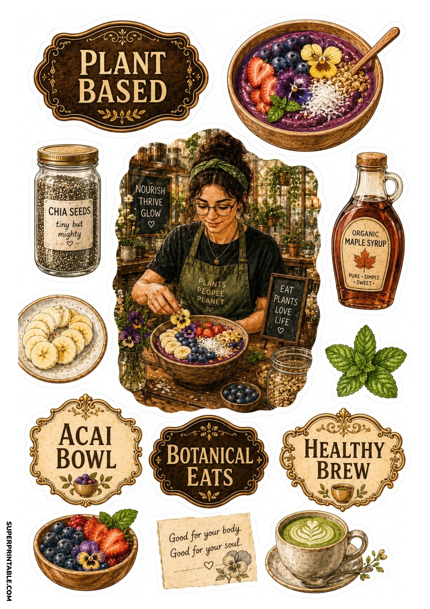 Botanical plant based cafe stickers showing acai bowl, chia seeds, maple syrup, and matcha latte.