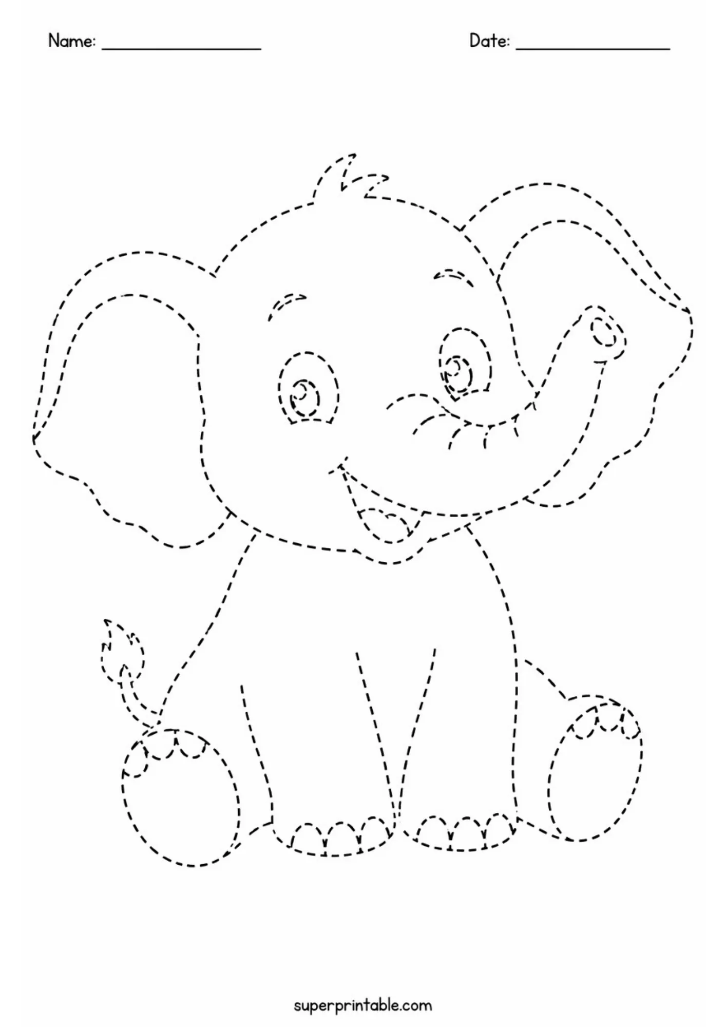Playful baby elephant with raised trunk dashed outline tracing activity page.