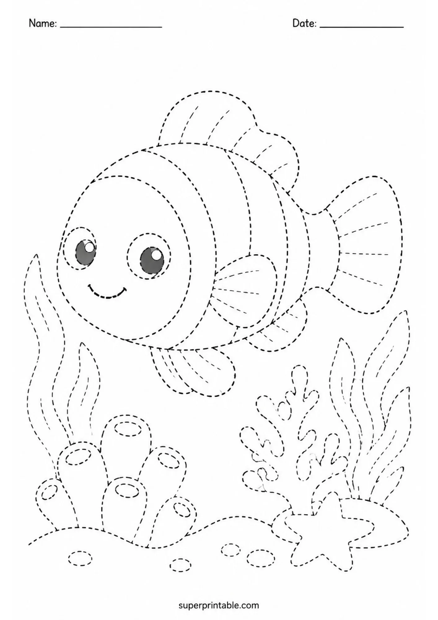 Ocean coral reef activity worksheet showing a smiling clownfish swimming over reef plants.
