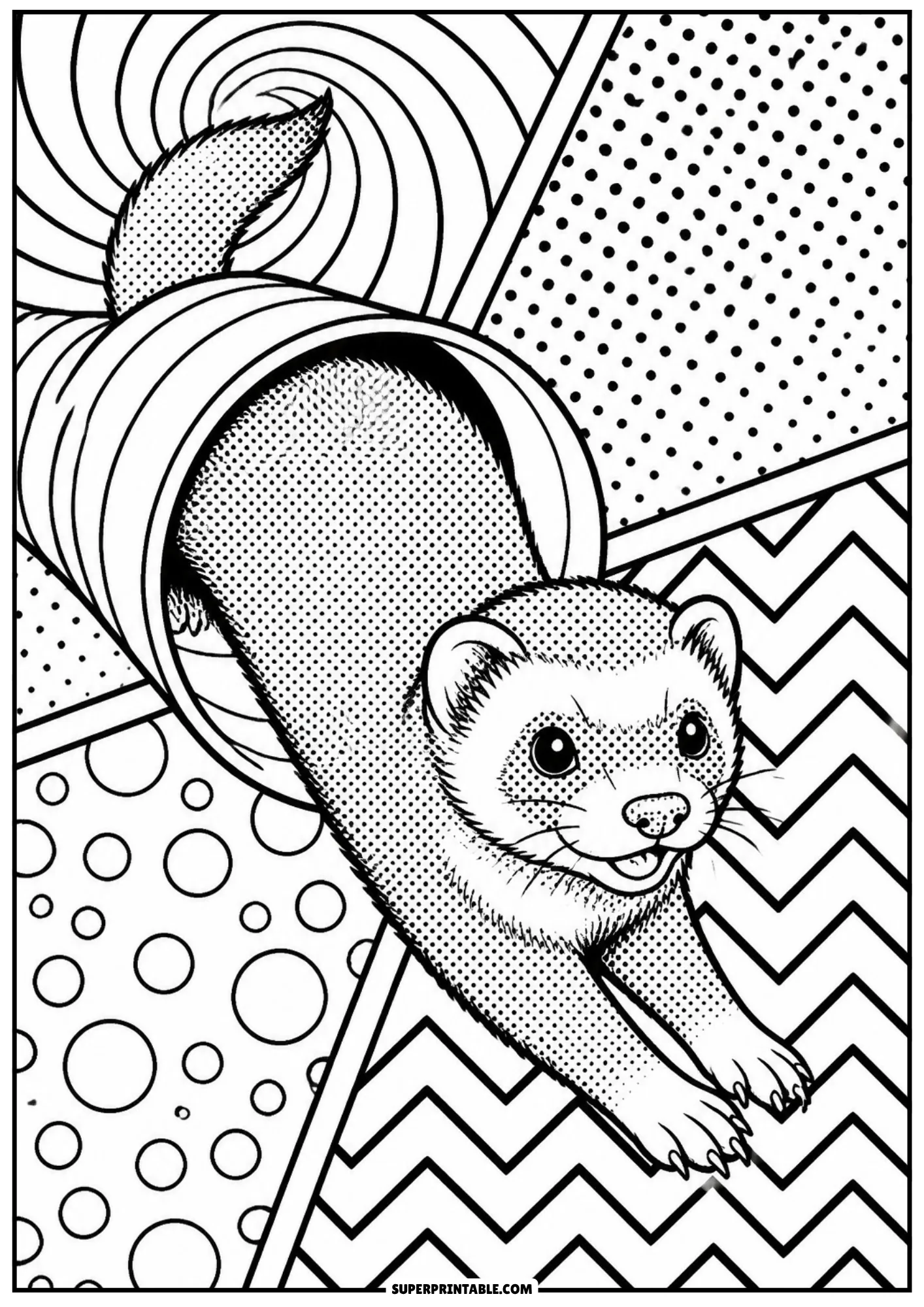 Curious ferret slithering out of a play tube tunnel surrounded by pop art swirl and zigzag patterns.