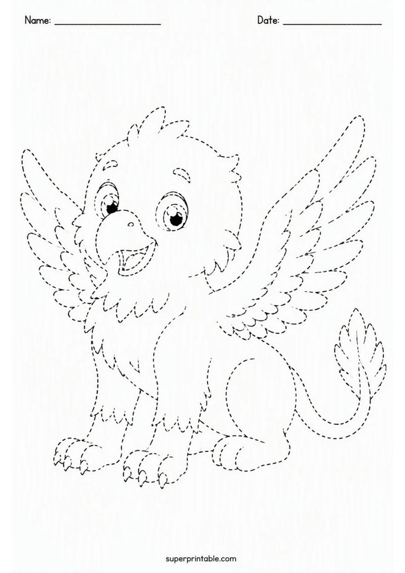 Fine motor skill tracing page with a playful baby griffin monster featuring feathered wings and claws.