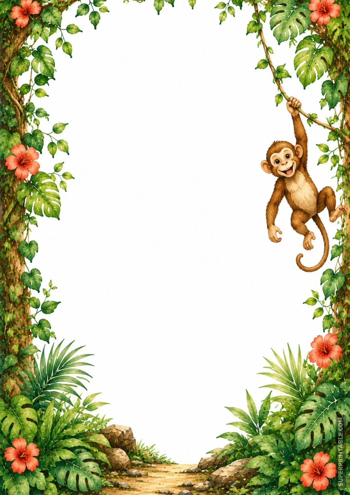 Playful brown monkey swinging from wild vines in a tropical tree frame with green leaves and red blossoms.