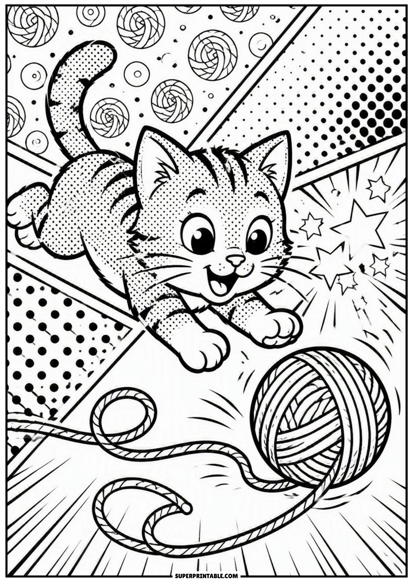 Energetic kitten pouncing to catch a rolling ball of yarn with pop art action speed lines.