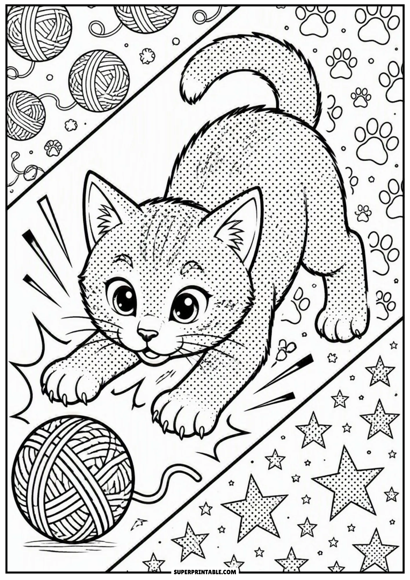 Cute kitten stretching to play with a yarn ball surrounded by pop art star and paw motifs.