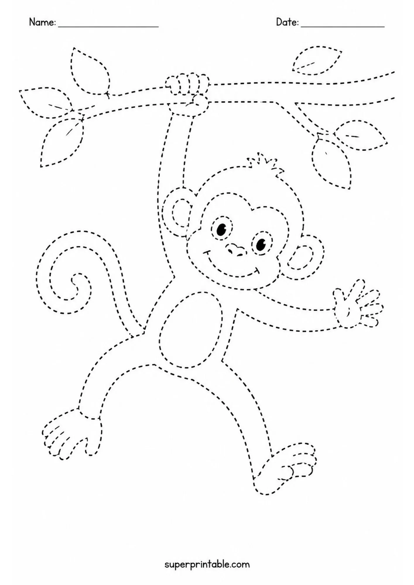 Smiling monkey hanging from a tree branch printable dotted line tracing worksheet.