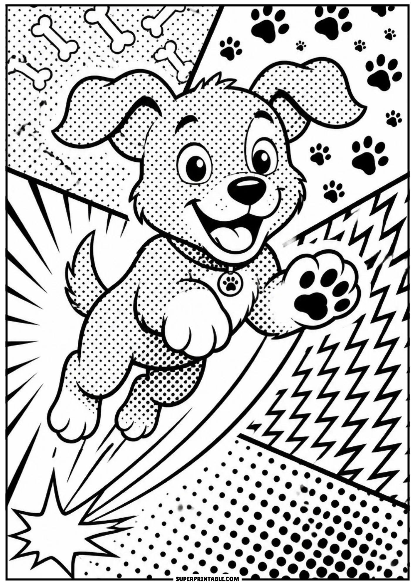 Pop art pet animals coloring pages featuring a joyful puppy leaping through vibrant comic speed lines.