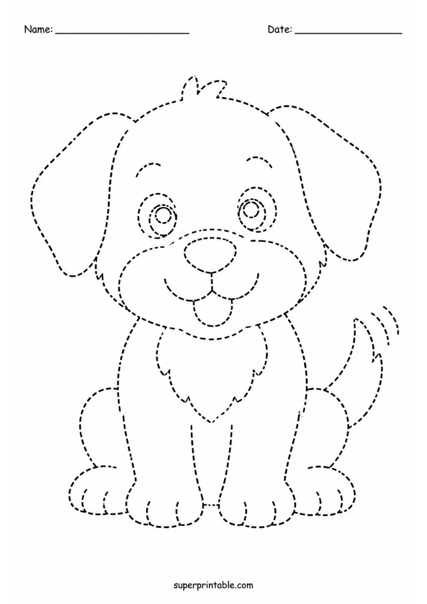 Sitting puppy dog page featured in friendly pets and animals tracing worksheets for toddlers.