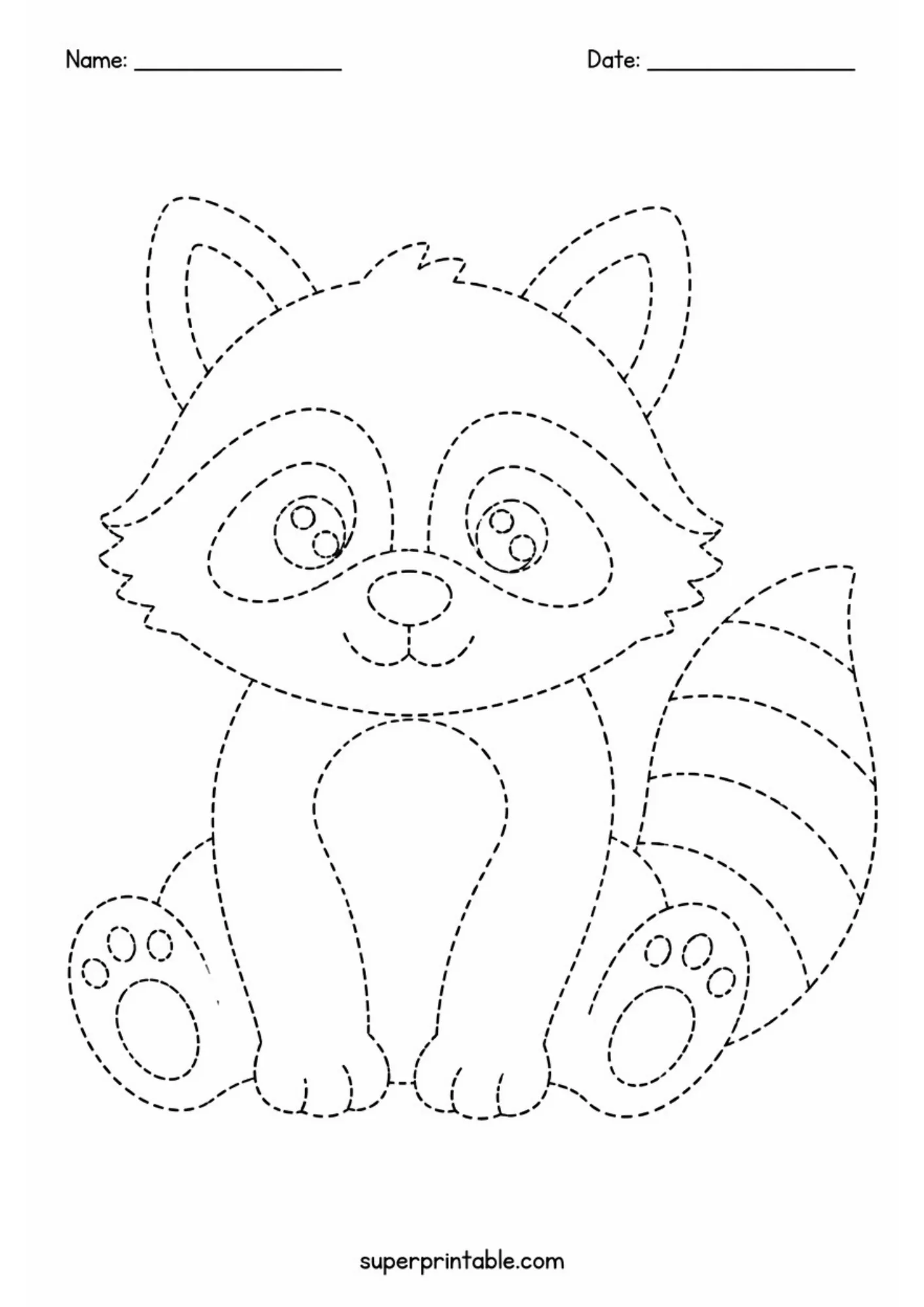 Playful raccoon with striped tail and eye mask dashed line tracing practice page.