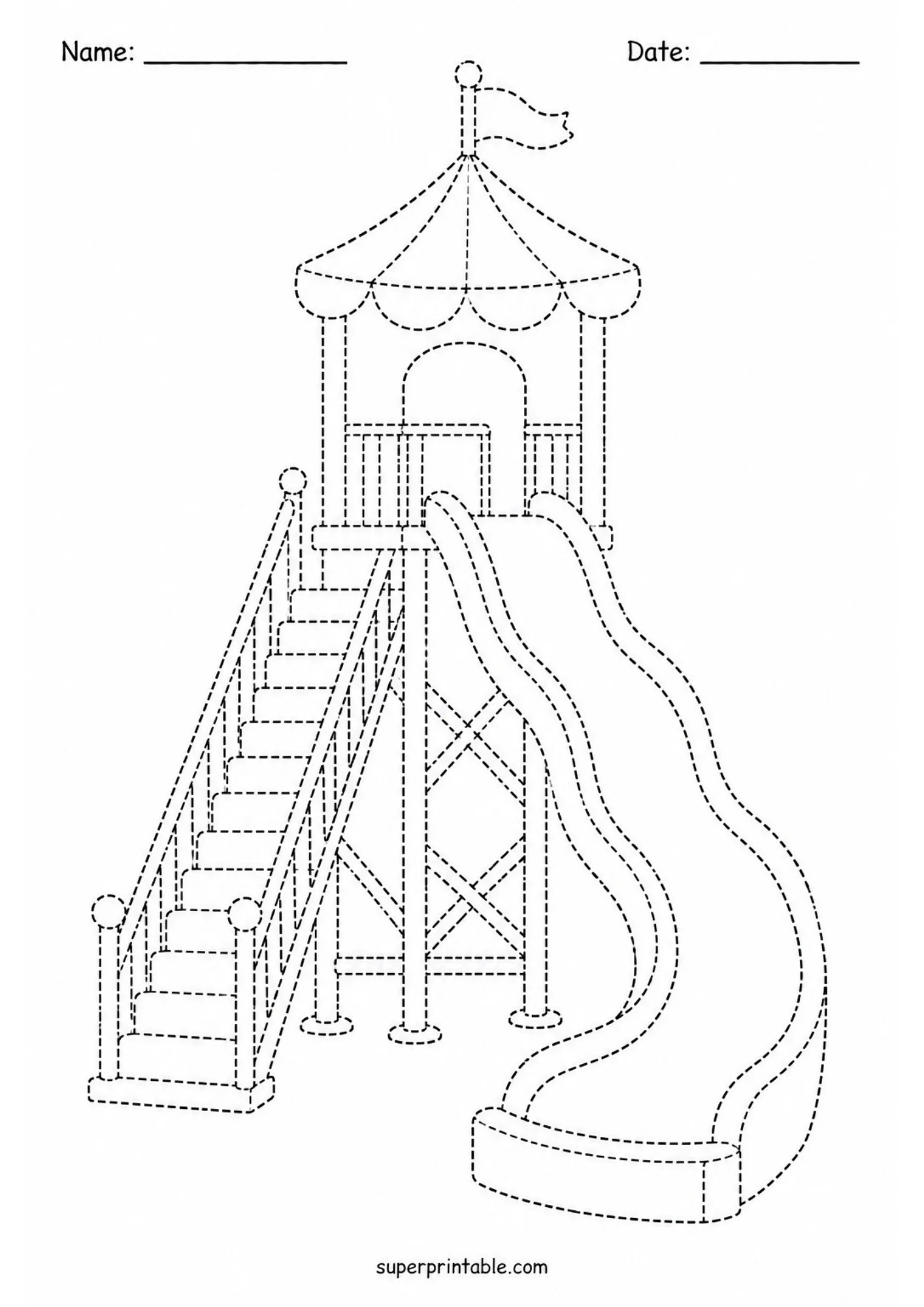 Printable play structure slide tower tracing worksheet for preschool line tracing and motor skills development.