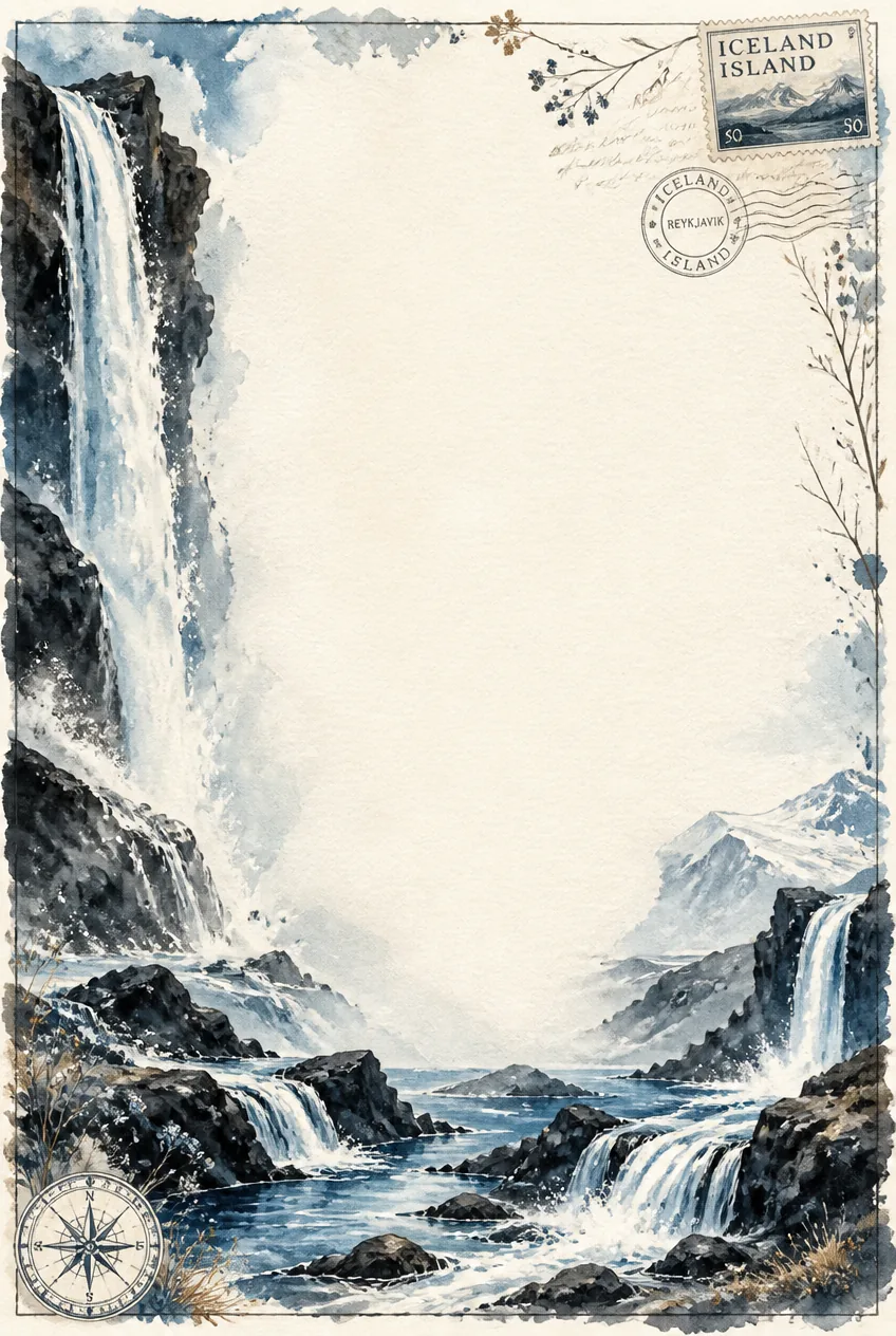 Watercolor stationery frame showing Plitvice Lakes cascading pools and pine forest.