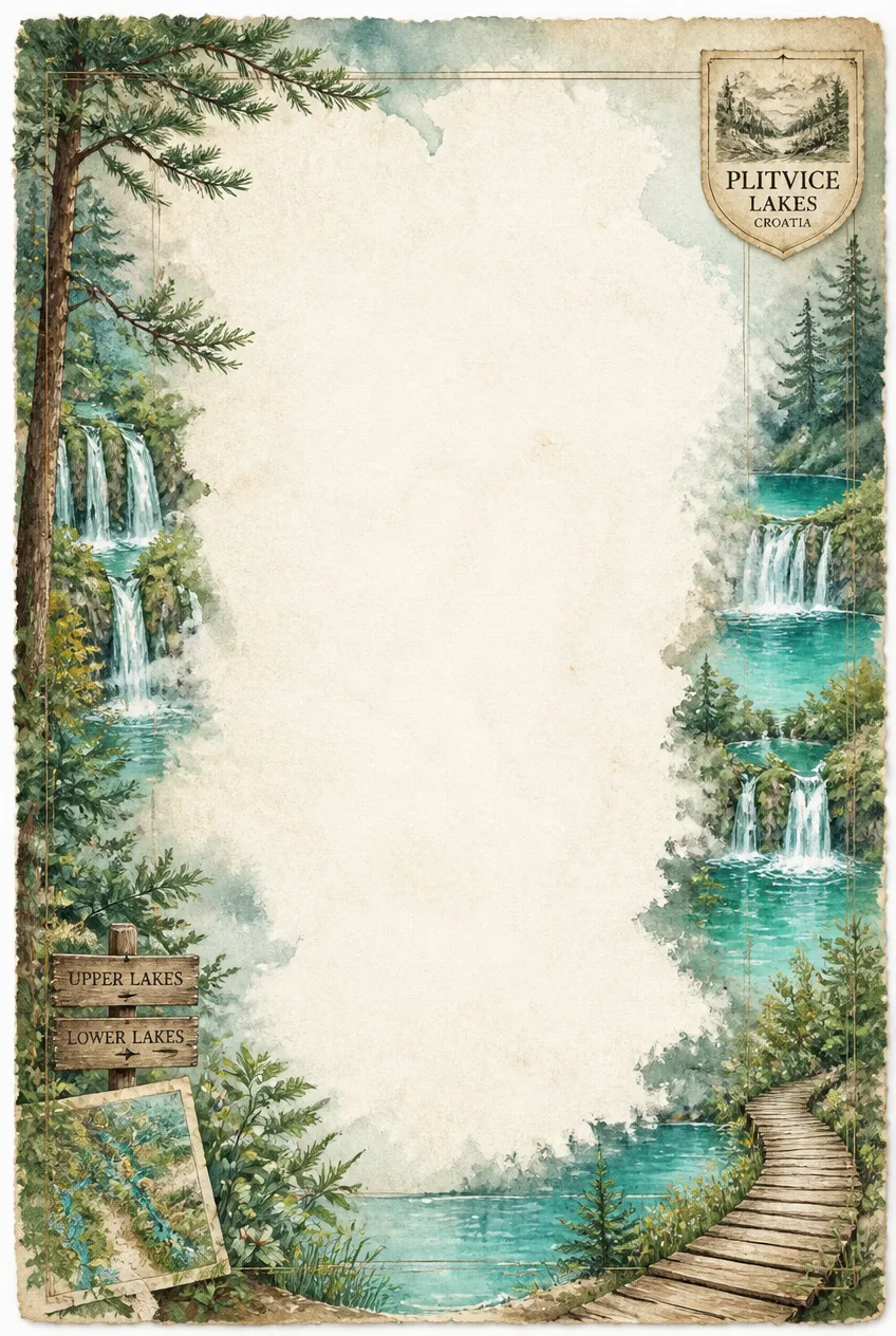 Croatia Plitvice Lakes watercolor border featuring turquoise water and wooden boardwalk.