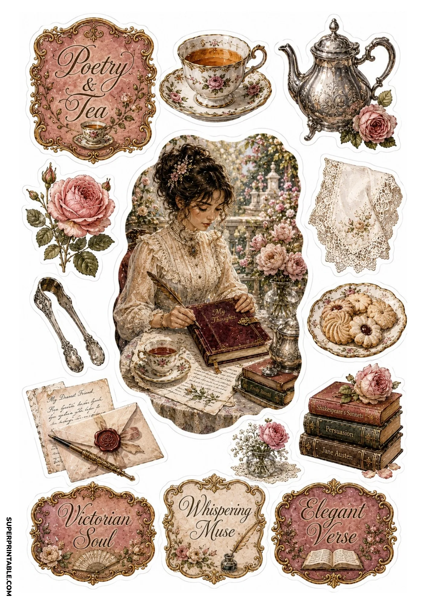Victorian lady writing poetry at a tea table with porcelain teacups, silver teapot, and classic novels.