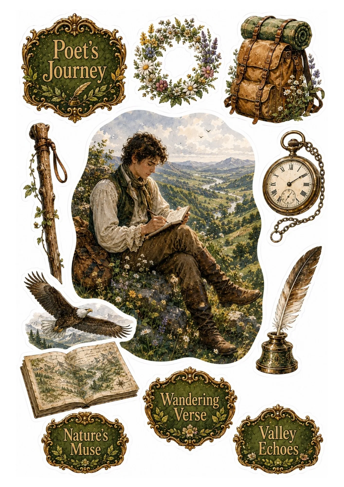 Romantic poet writing in a notebook on a scenic mountain cliff with leather backpack and flying eagle.