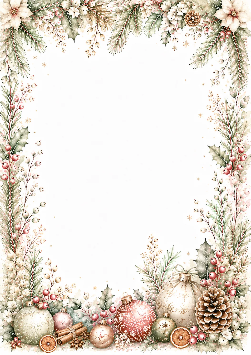 Watercolor Christmas frame with poinsettias, pastel ornaments, pinecones, berries, and evergreen branches