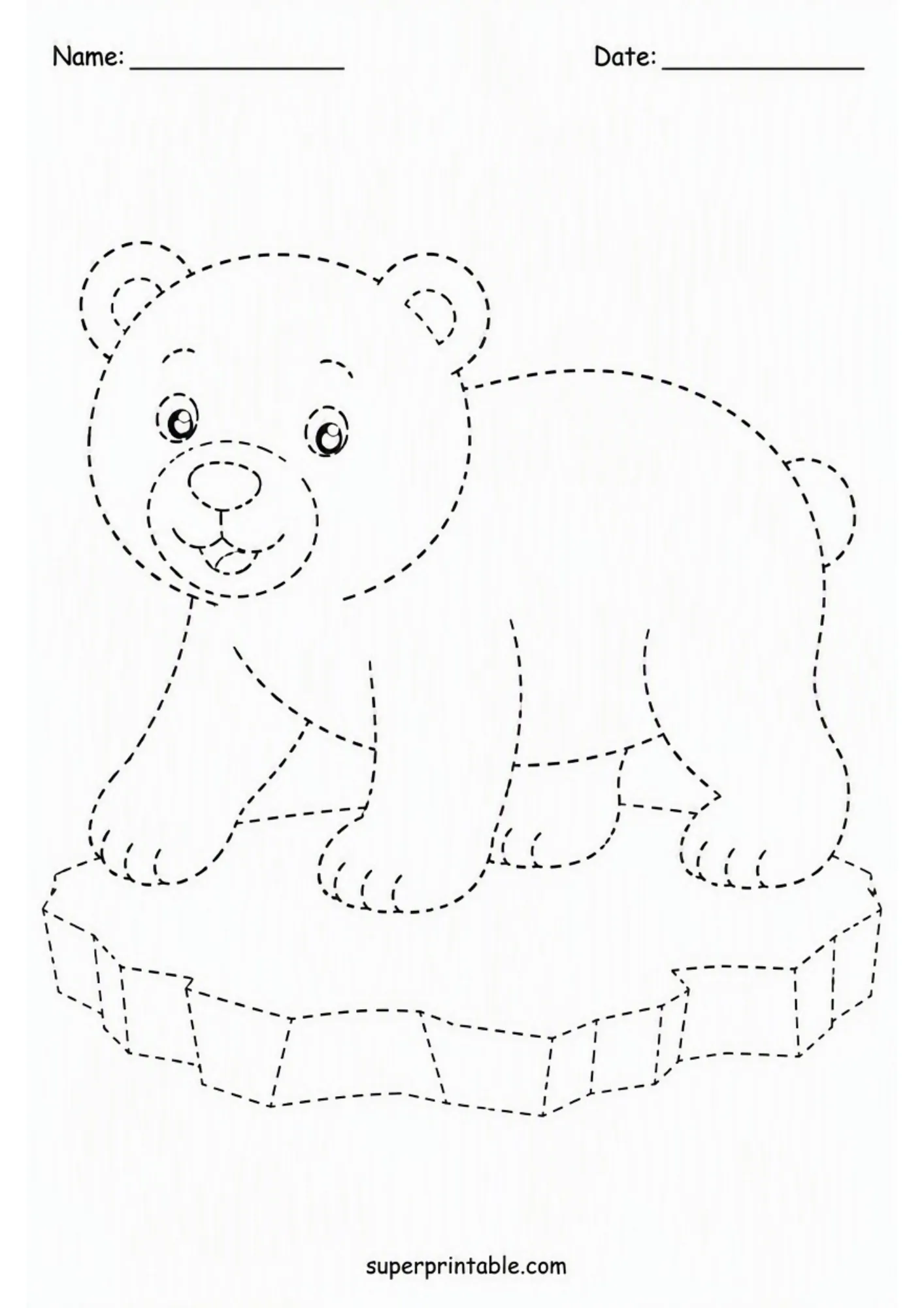 Polar arctic activity worksheet featuring a cute polar bear outline on ice for tracing practice.