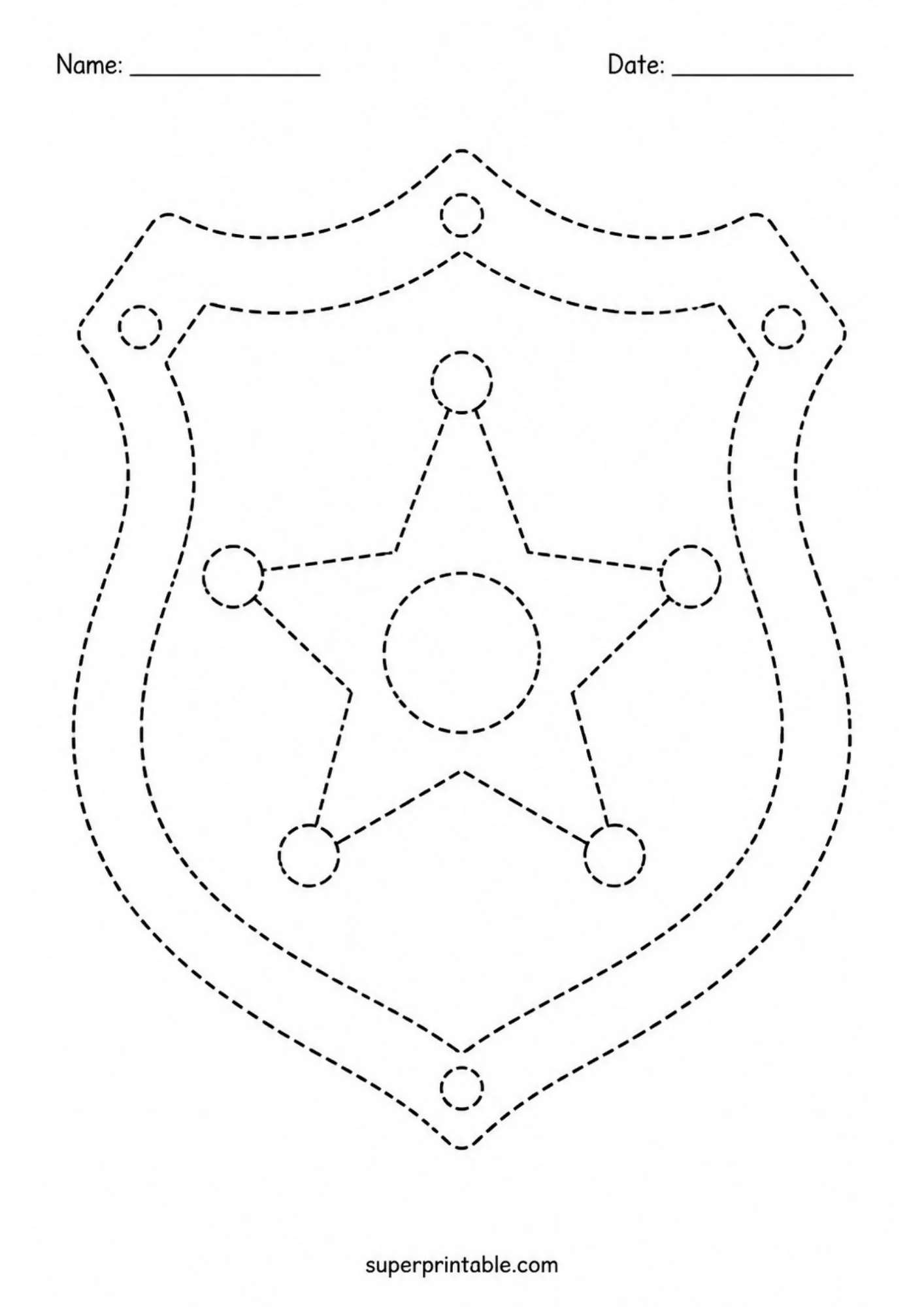 Dotted line police badge worksheet designed for preschool fine motor pencil tracing practice.