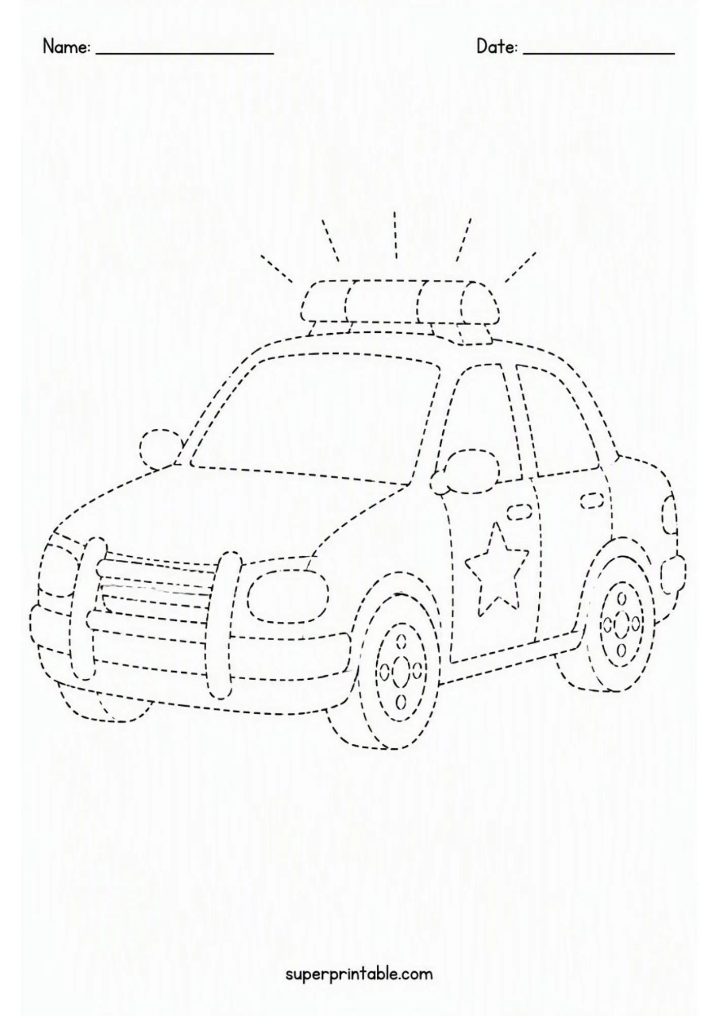 Printable police station activity worksheets featuring a detailed police car line art outline to trace.