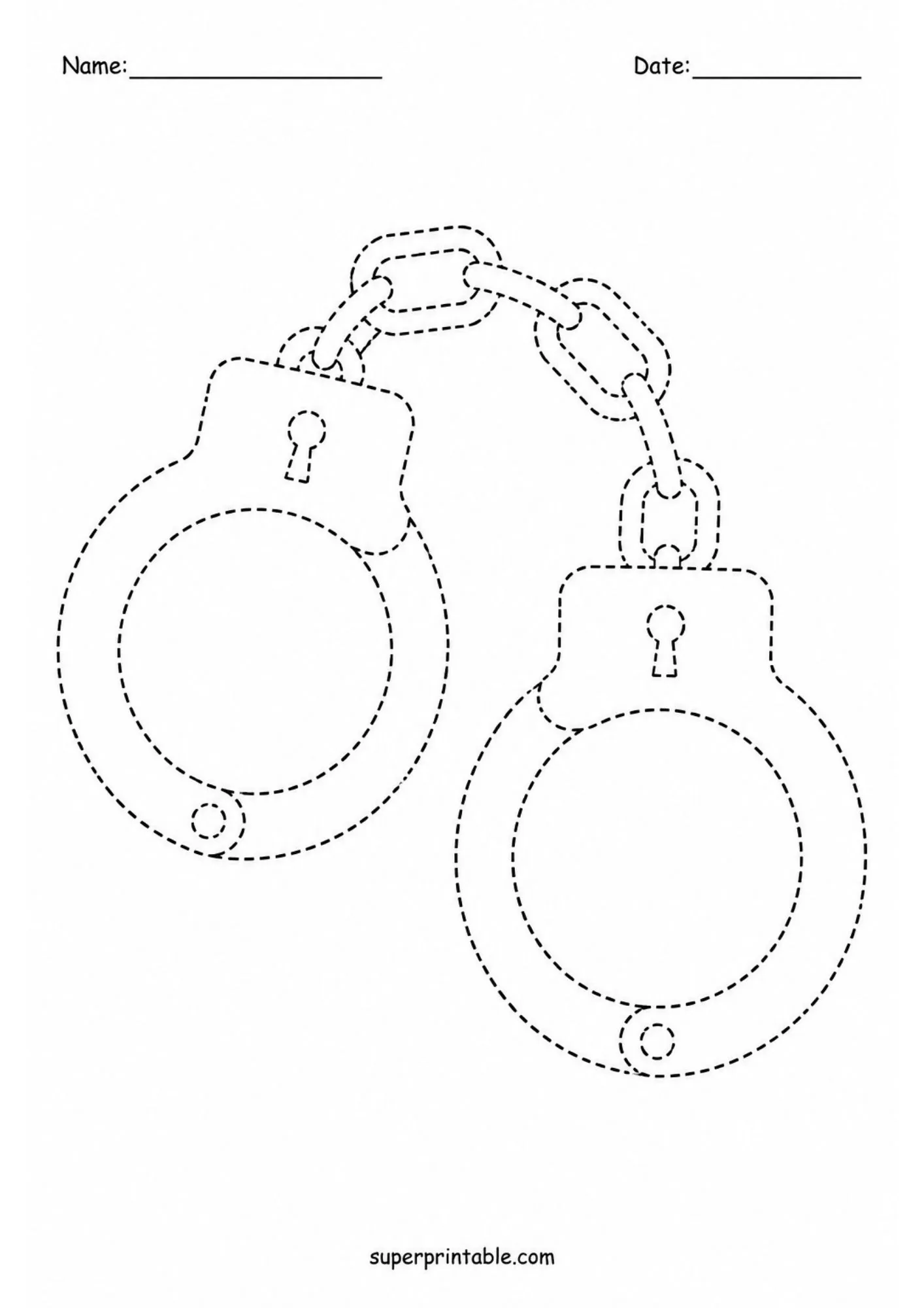 Dotted line handcuffs tracing worksheet for pre-k students practicing pencil control skills.