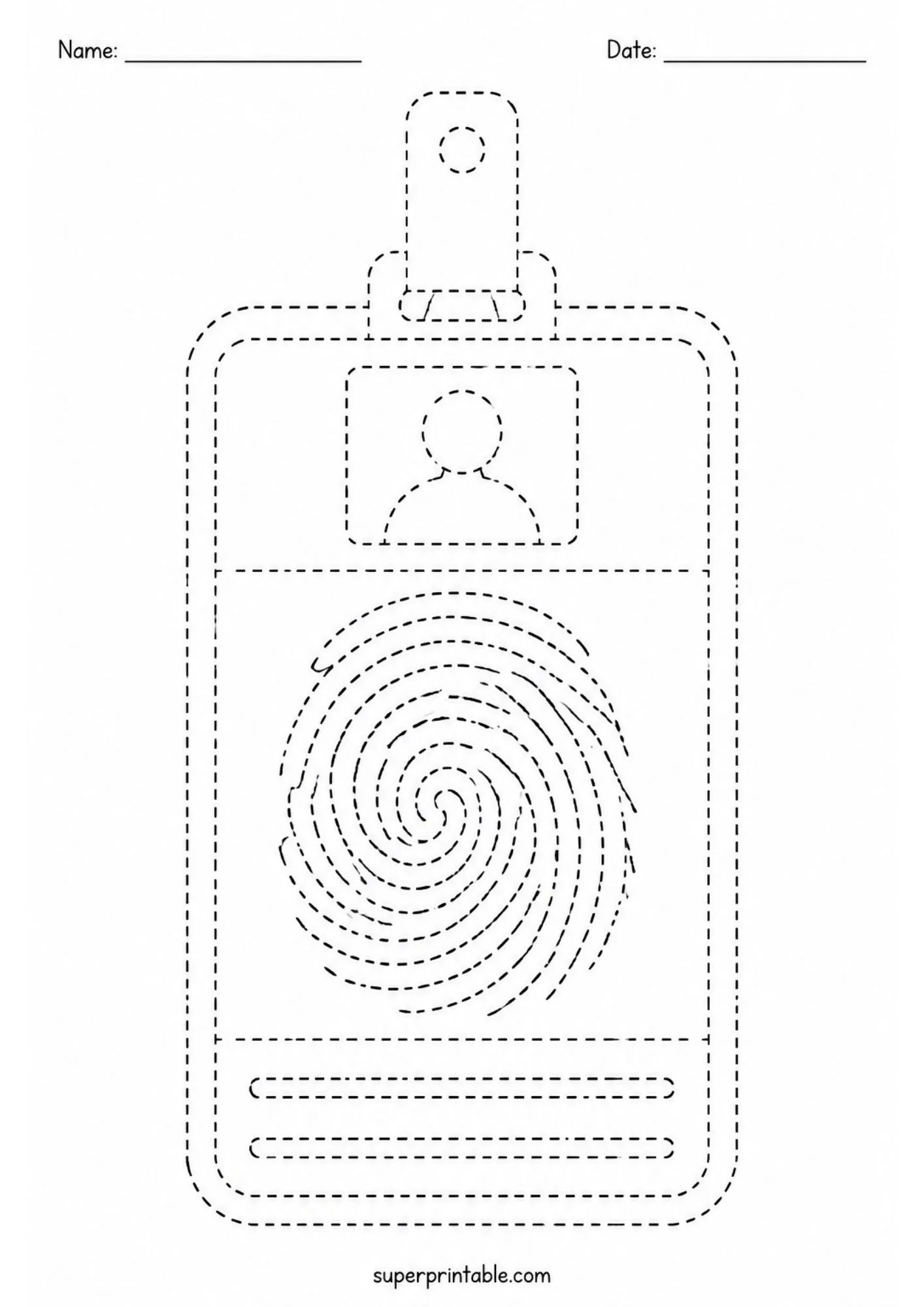 Fun police station activity worksheets showcasing a printable identification badge with a fingerprint trace.