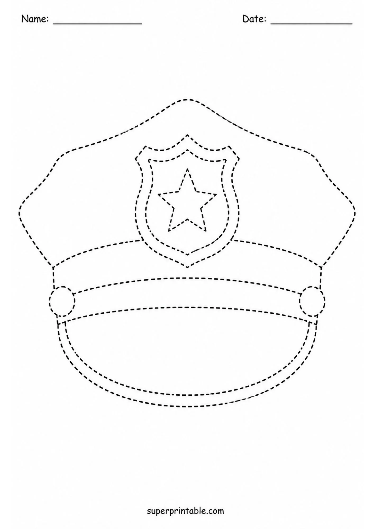Printable police officer cap tracing activity page for kids learning community helper themes.
