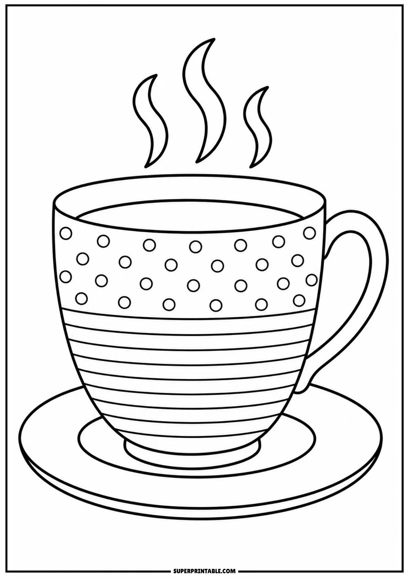 Outline drawing of a steaming teacup on a saucer featuring polka dots on top and horizontal stripes below.