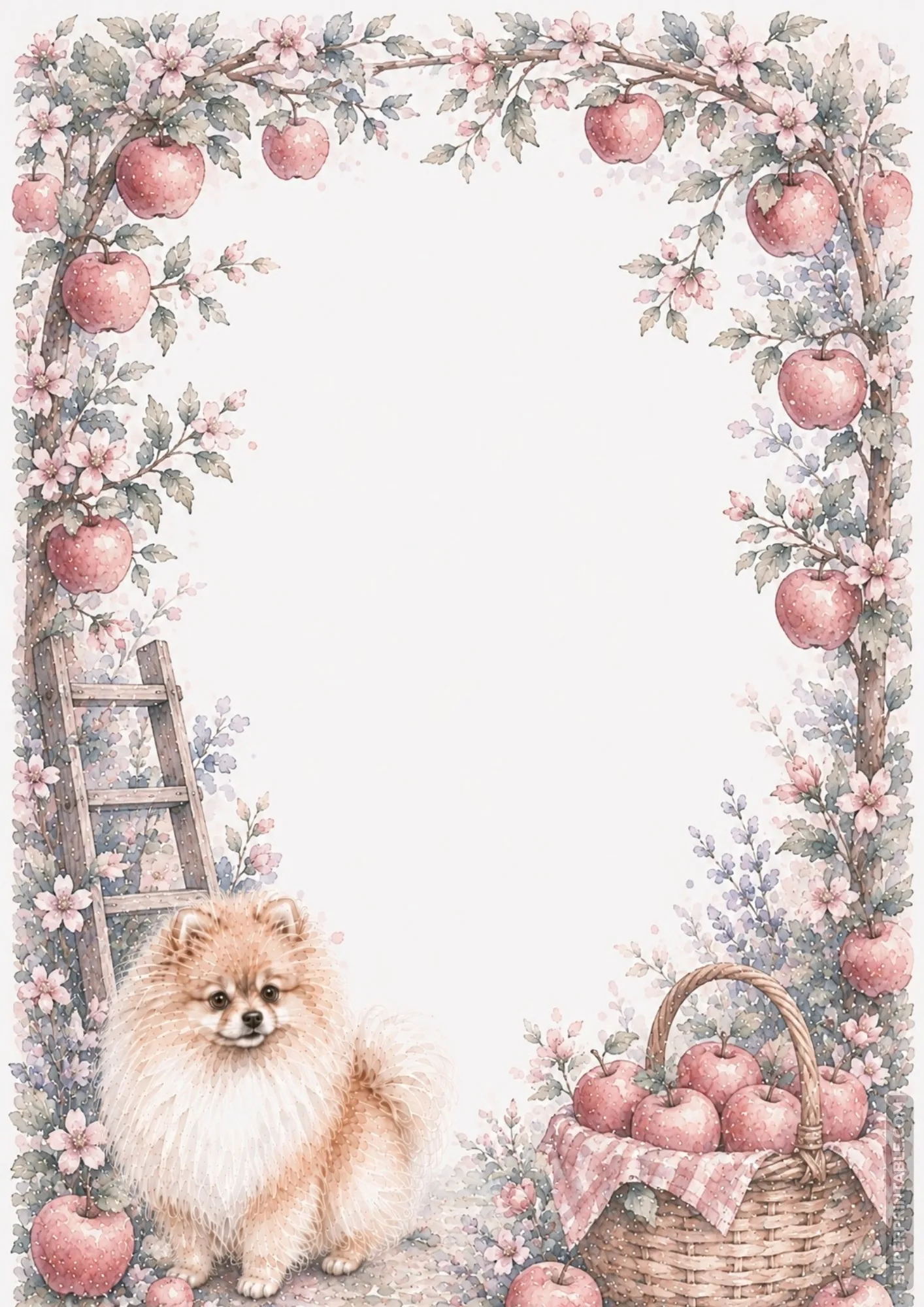 Fluffy Pomeranian sitting beneath apple tree branches with red fruit, blossoms, and a filled woven basket.