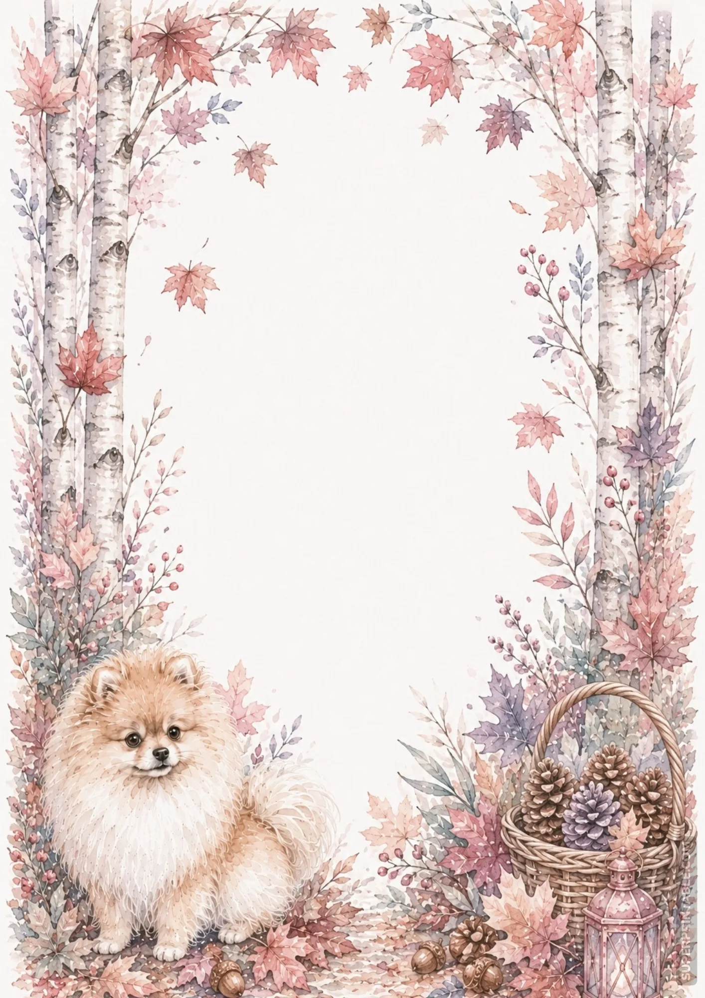 Pomeranian sitting among fallen autumn leaves, white birch trees, and pinecone basket.