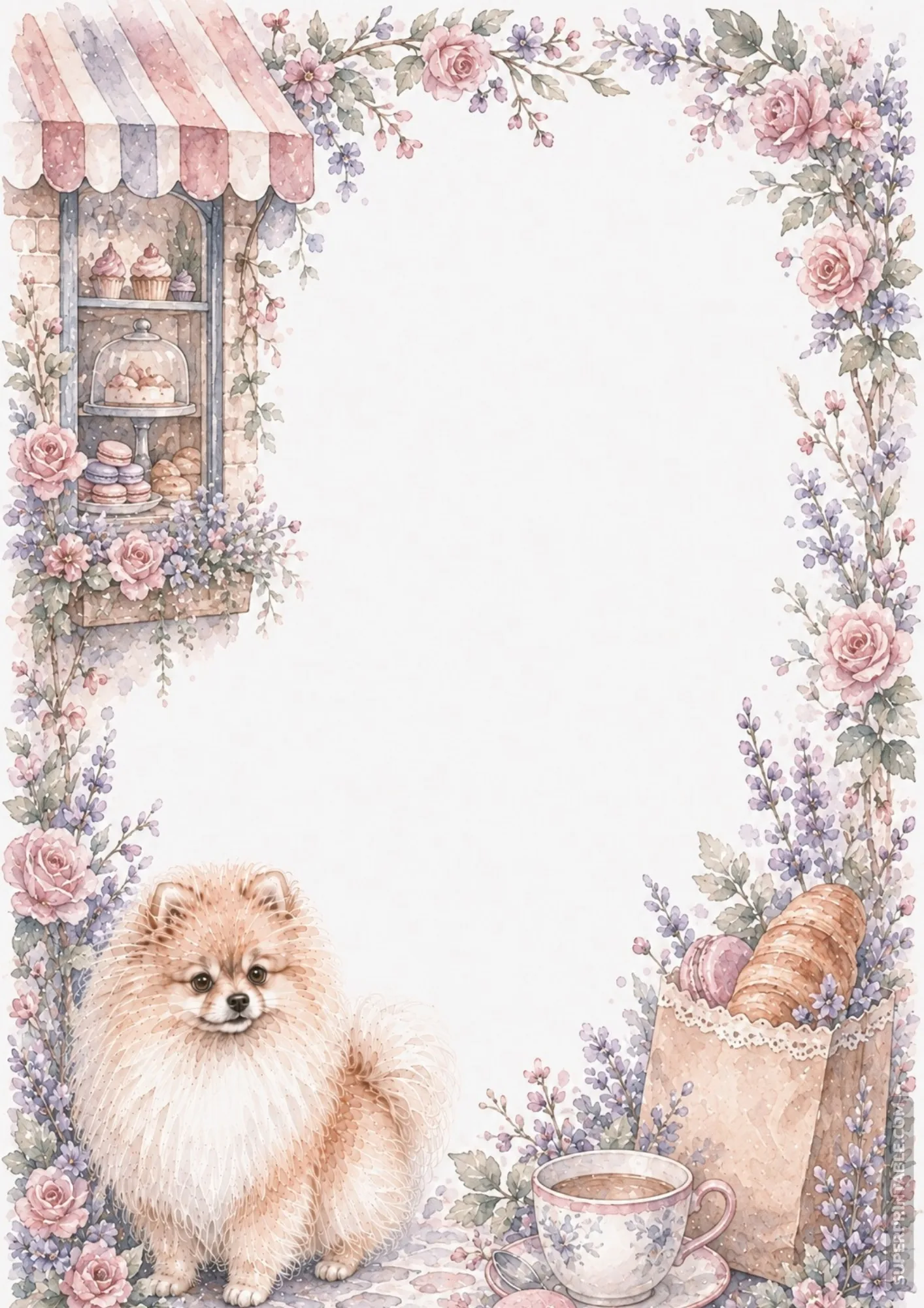 Pomeranian sitting near a bakery window filled with sweet treats, croissants, and a teacup.