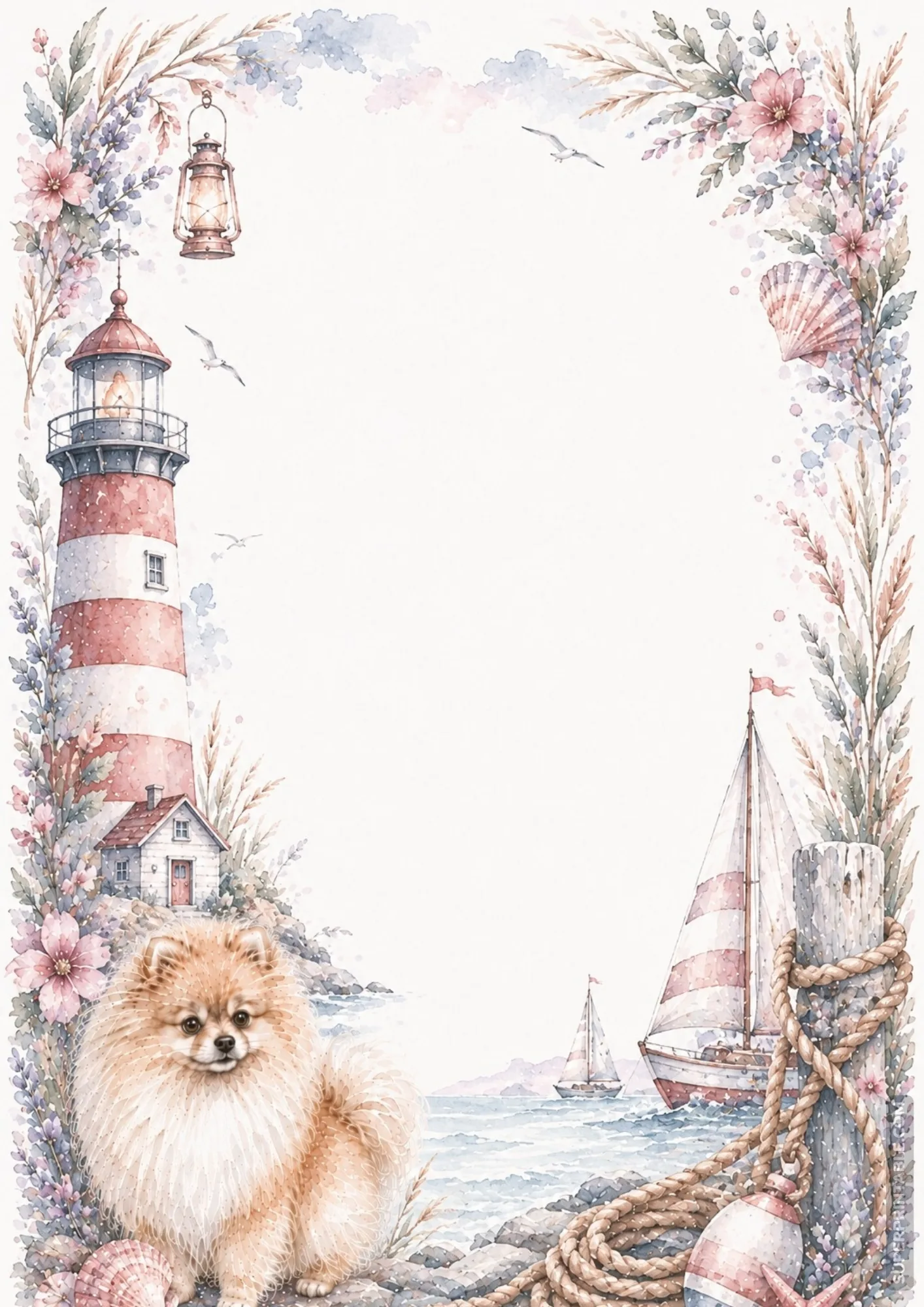 Pomeranian sitting on a sandy shore framed by a red lighthouse, seashells, and a sailing boat.