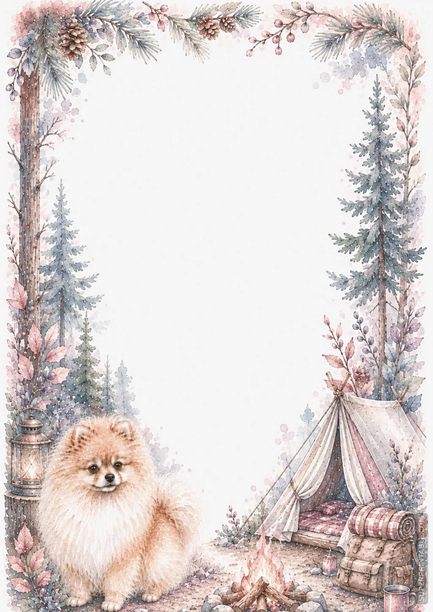 Cute Pomeranian dog beside a warm campfire, lantern, and cozy tent framed by pine trees.