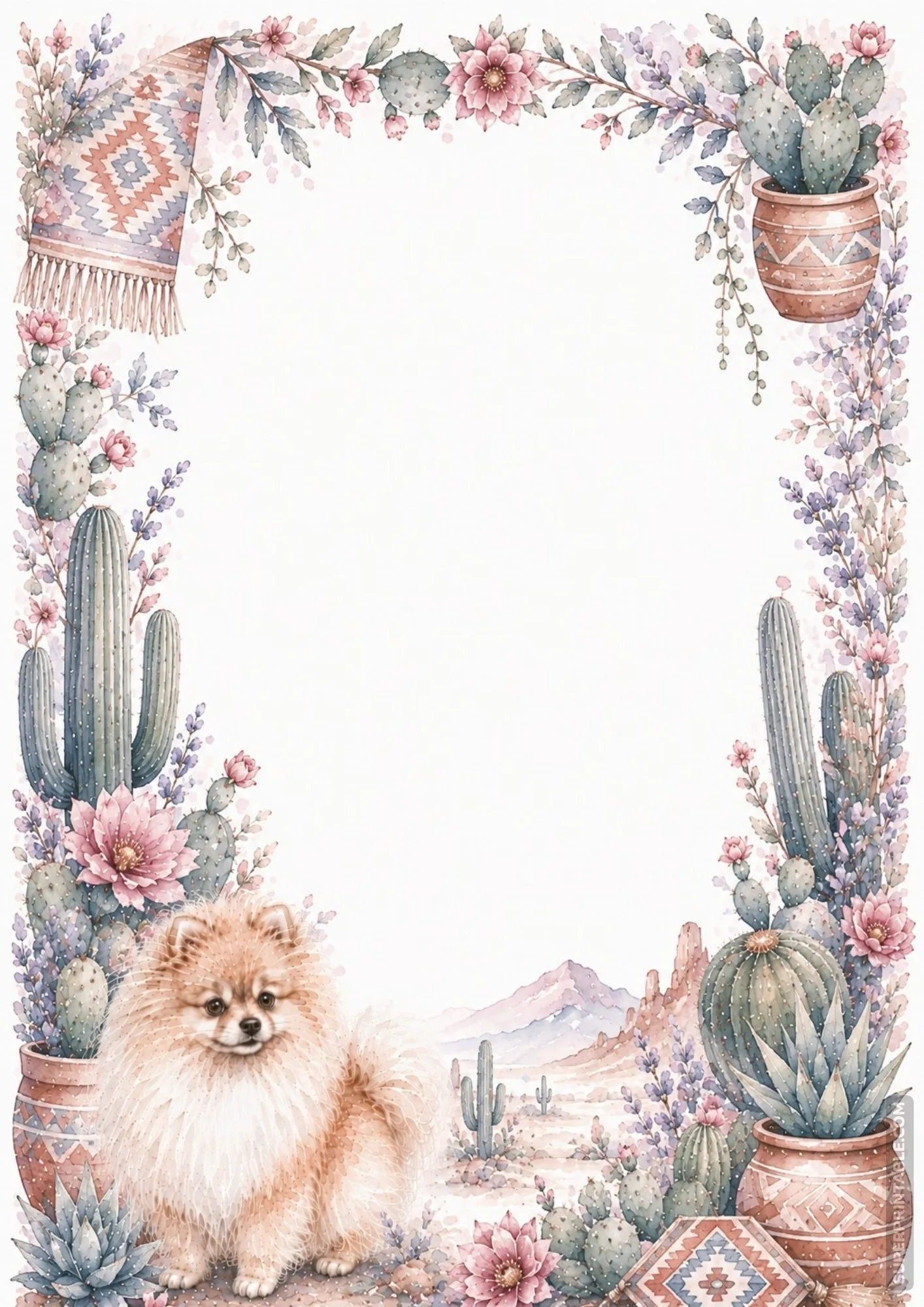 Pomeranian dog sitting beside desert cacti in this pastel pomeranian washed border pages design.