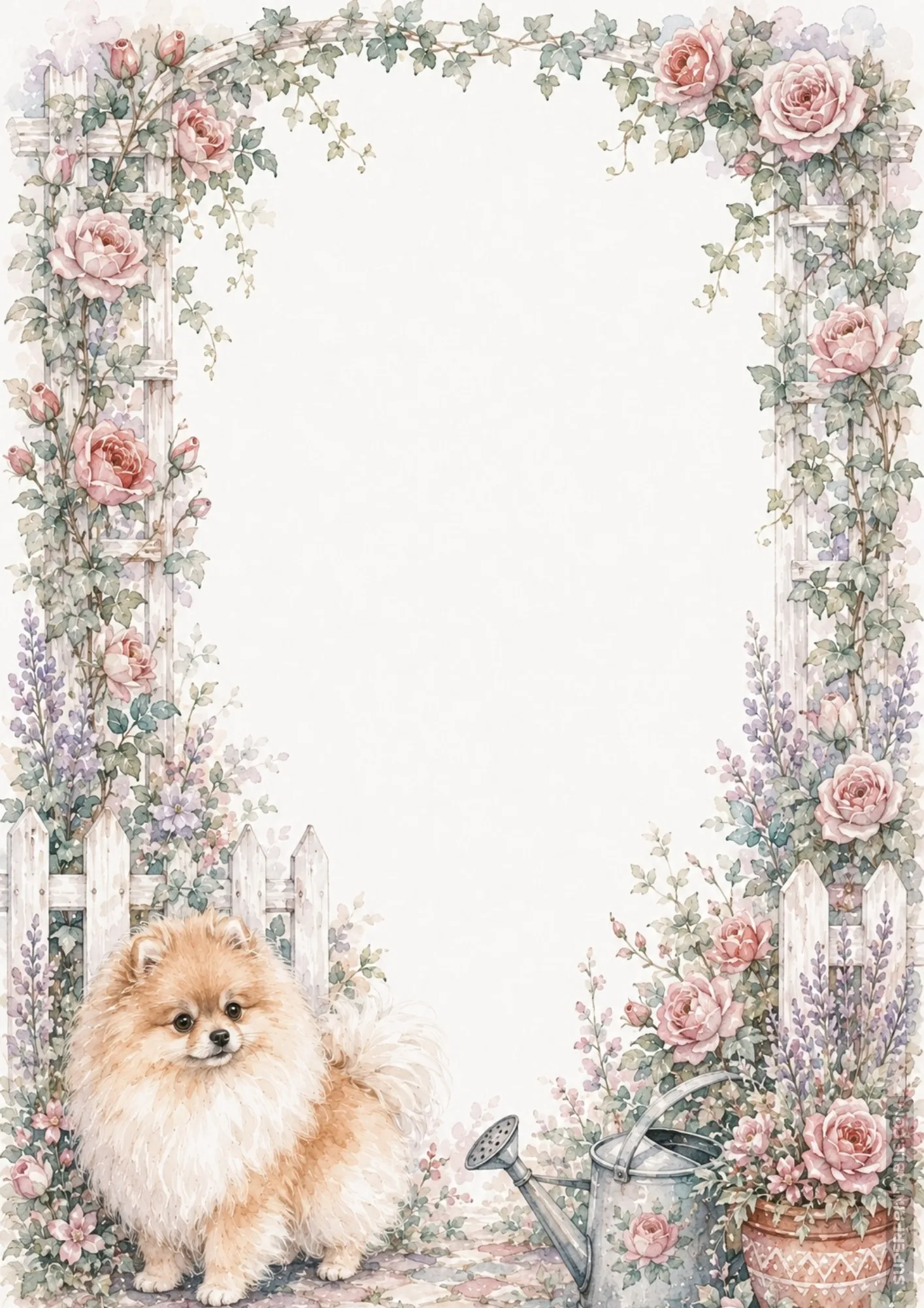 Pomeranian sitting in a flower garden near a white fence, rose arbor, and watering can.