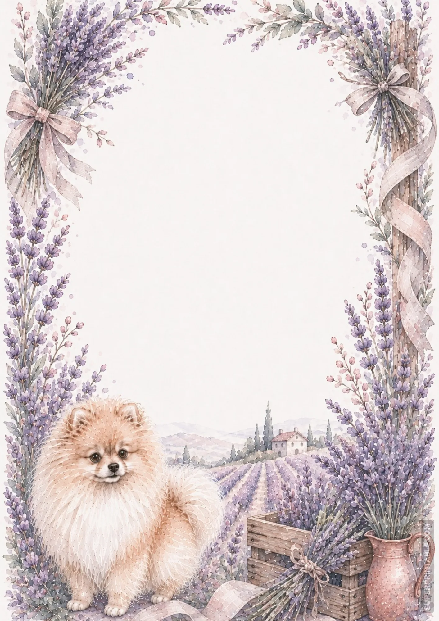 Pomeranian dog sitting in lavender fields on this pomeranian washed border pages layout.