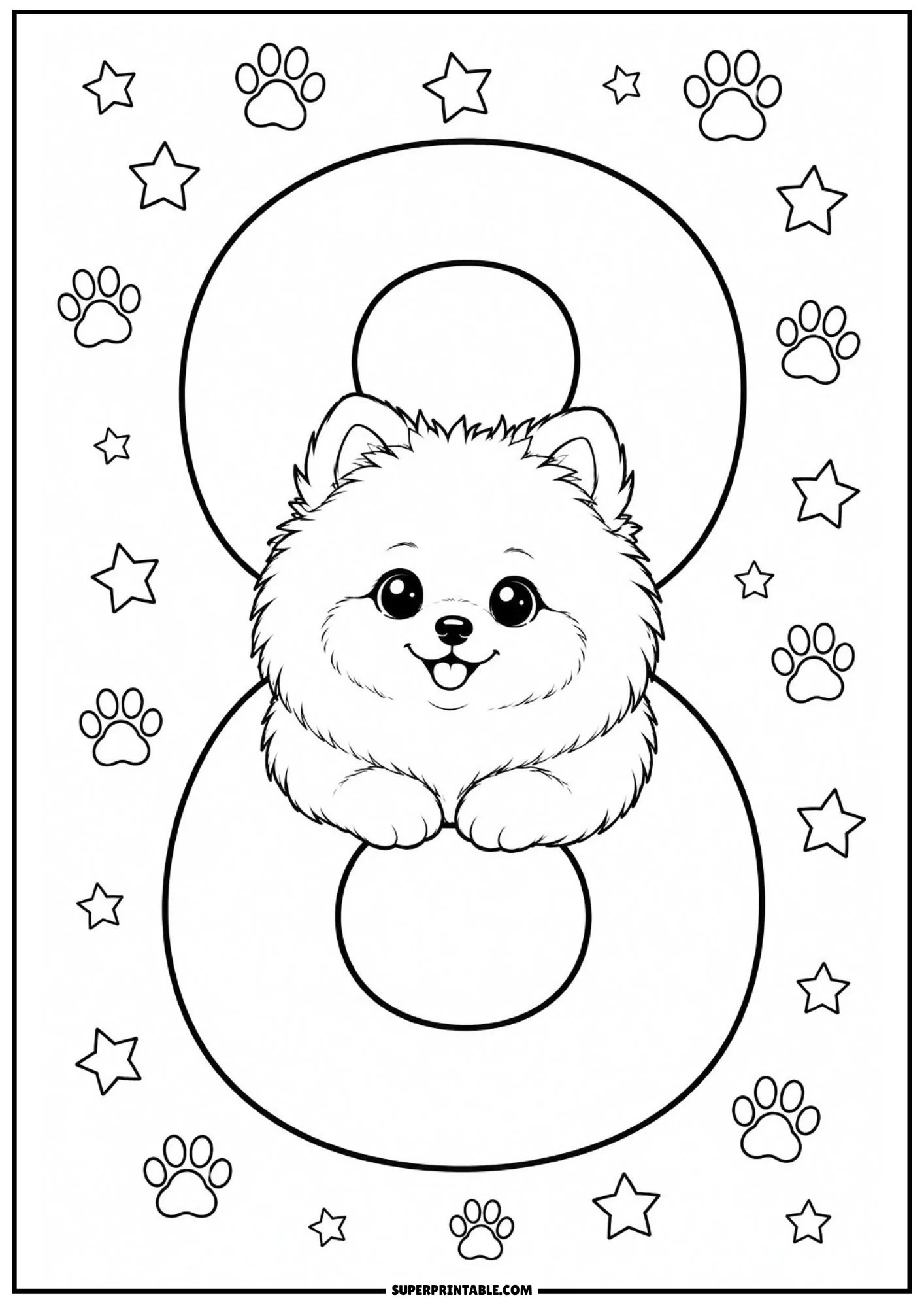 Fluffy Pomeranian puppy nestled neatly in the middle loop of number 8 with star and paw details.