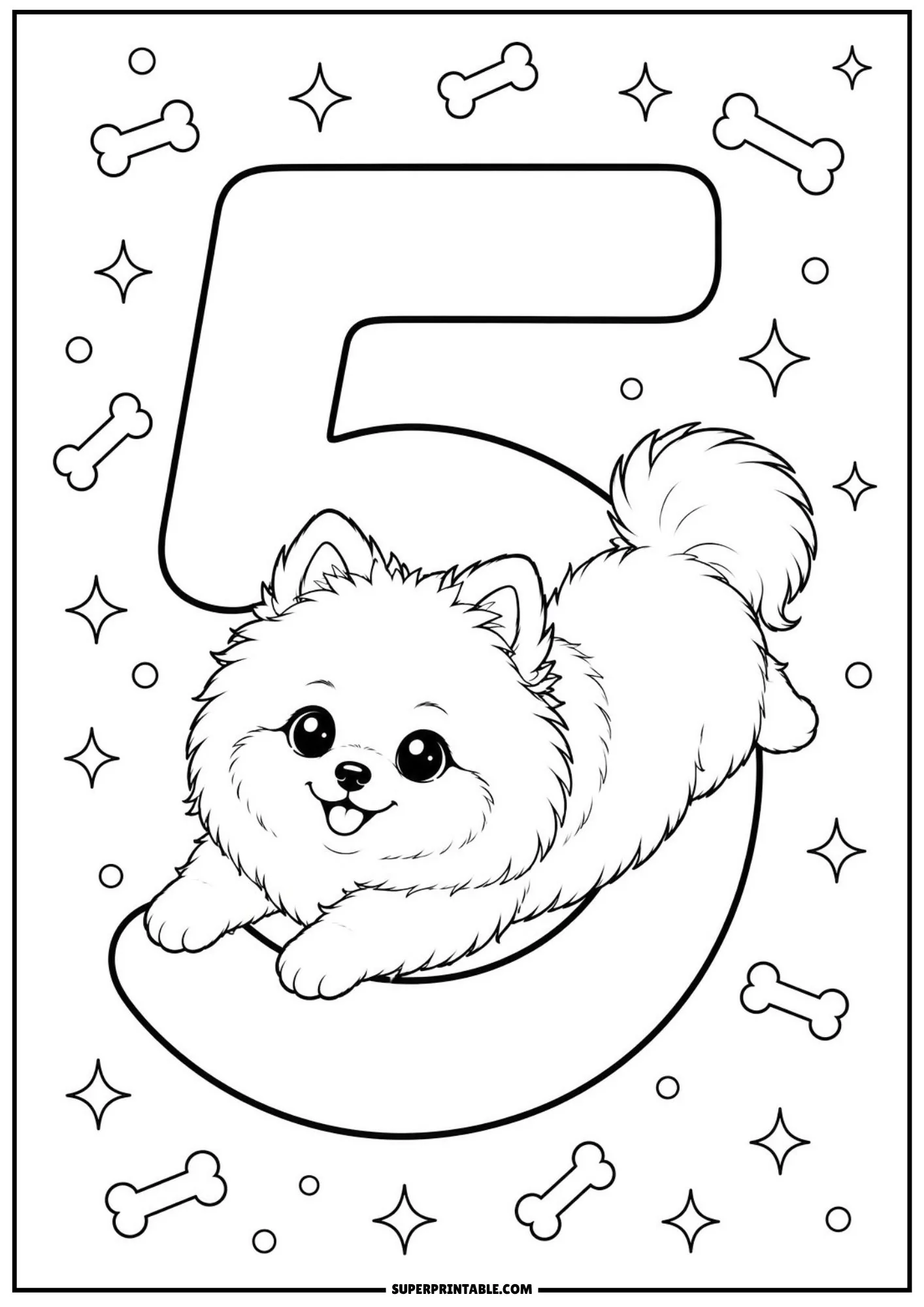 Happy Pomeranian puppy stretching lazily across the curve of number 5 with twinkling star outlines.