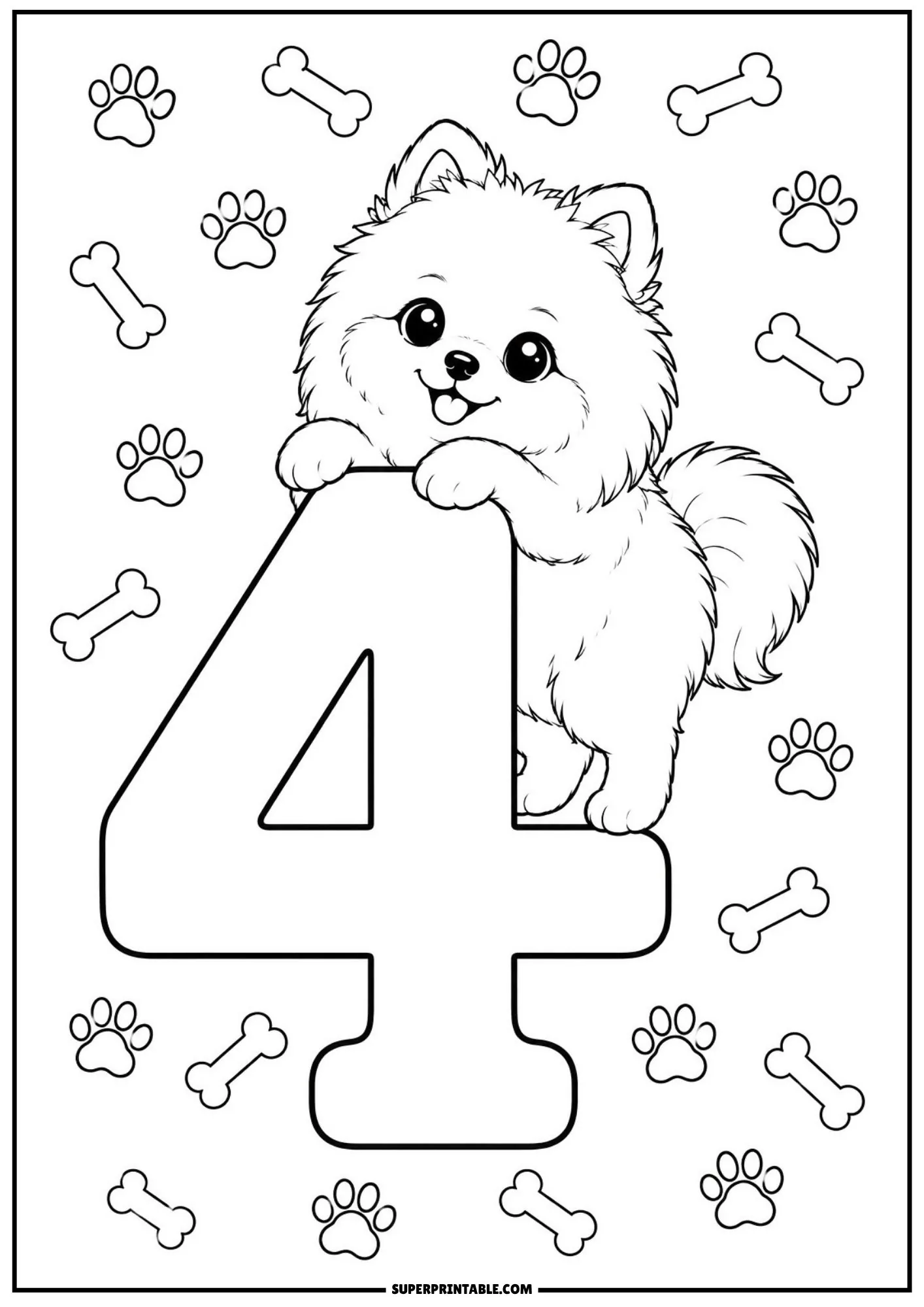 Charming Pomeranian puppy leaning over the top bar of a large number 4 with bone illustrations.