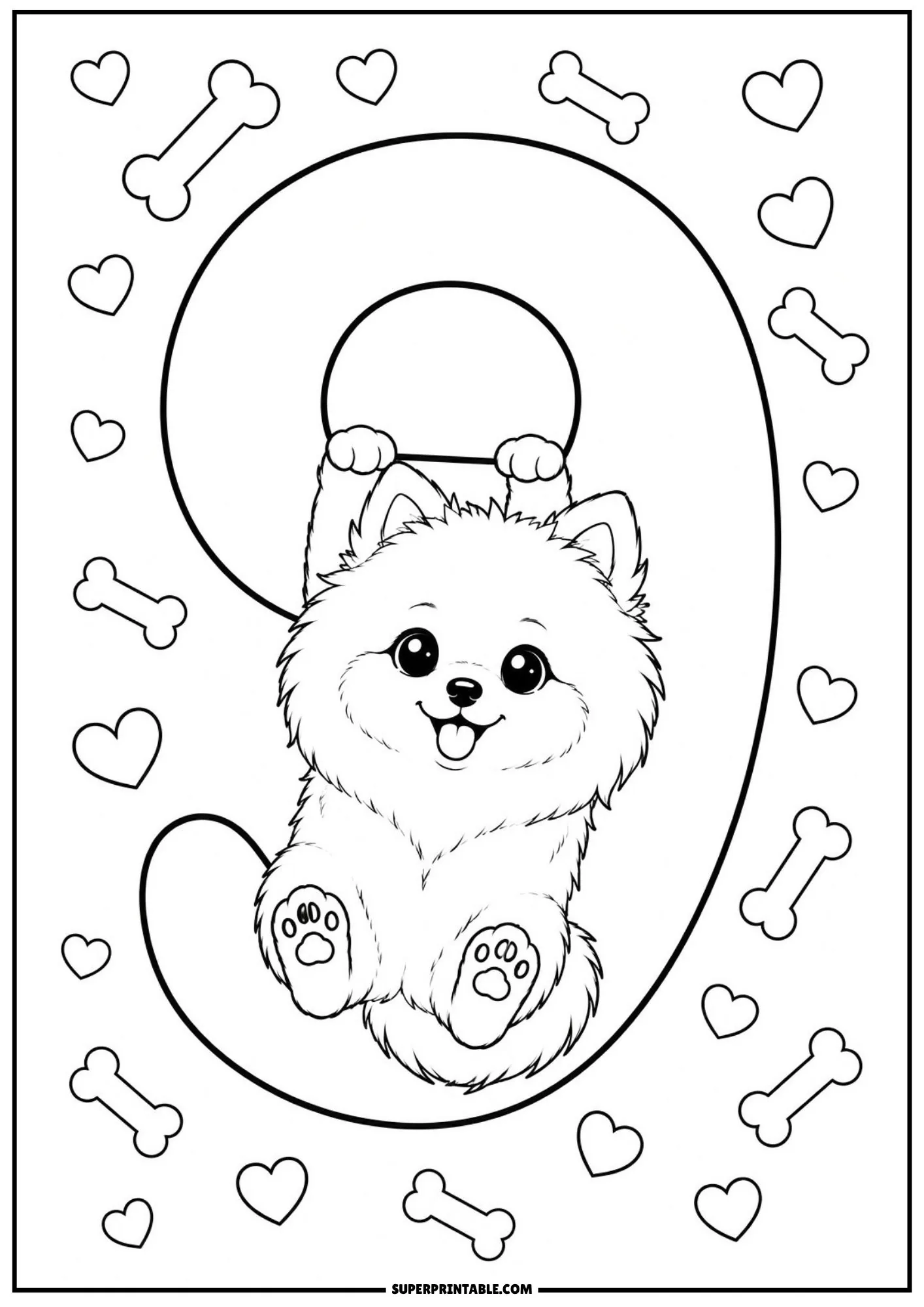 Cute Pomeranian puppy hanging playful paws from a large number 9 outline surrounded by floating hearts.