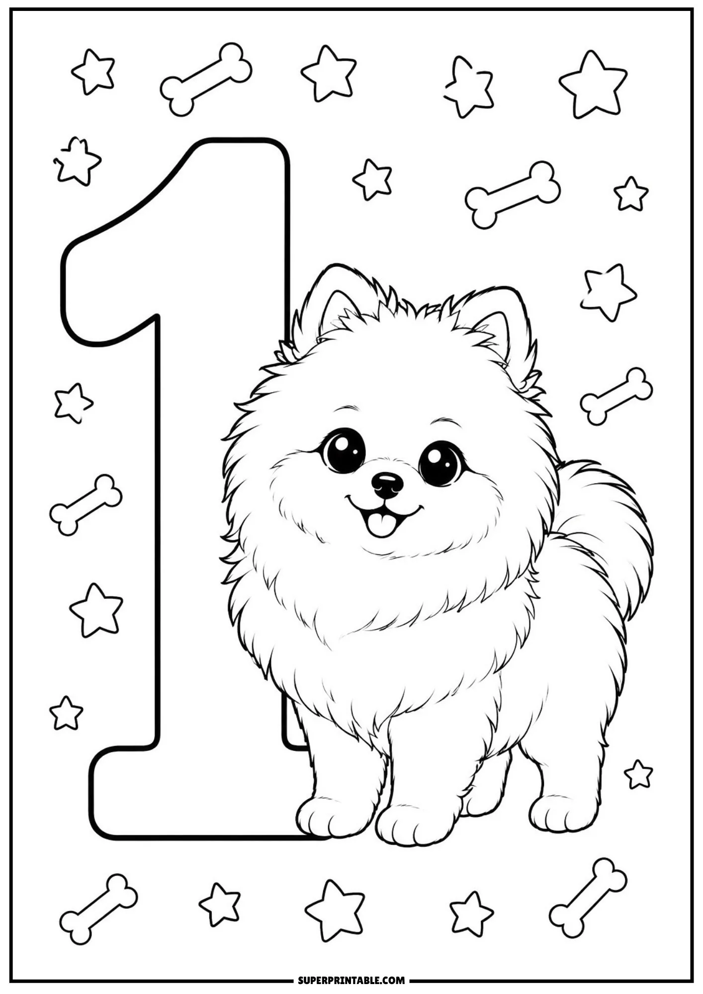 Pomeranian numbers coloring pages showing a fluffy standing puppy next to a large number 1.