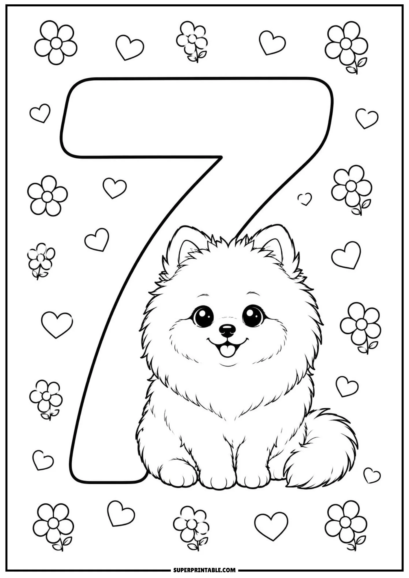 Sweet Pomeranian dog sitting next to a bold number 7 outline with surrounding flower drawings.
