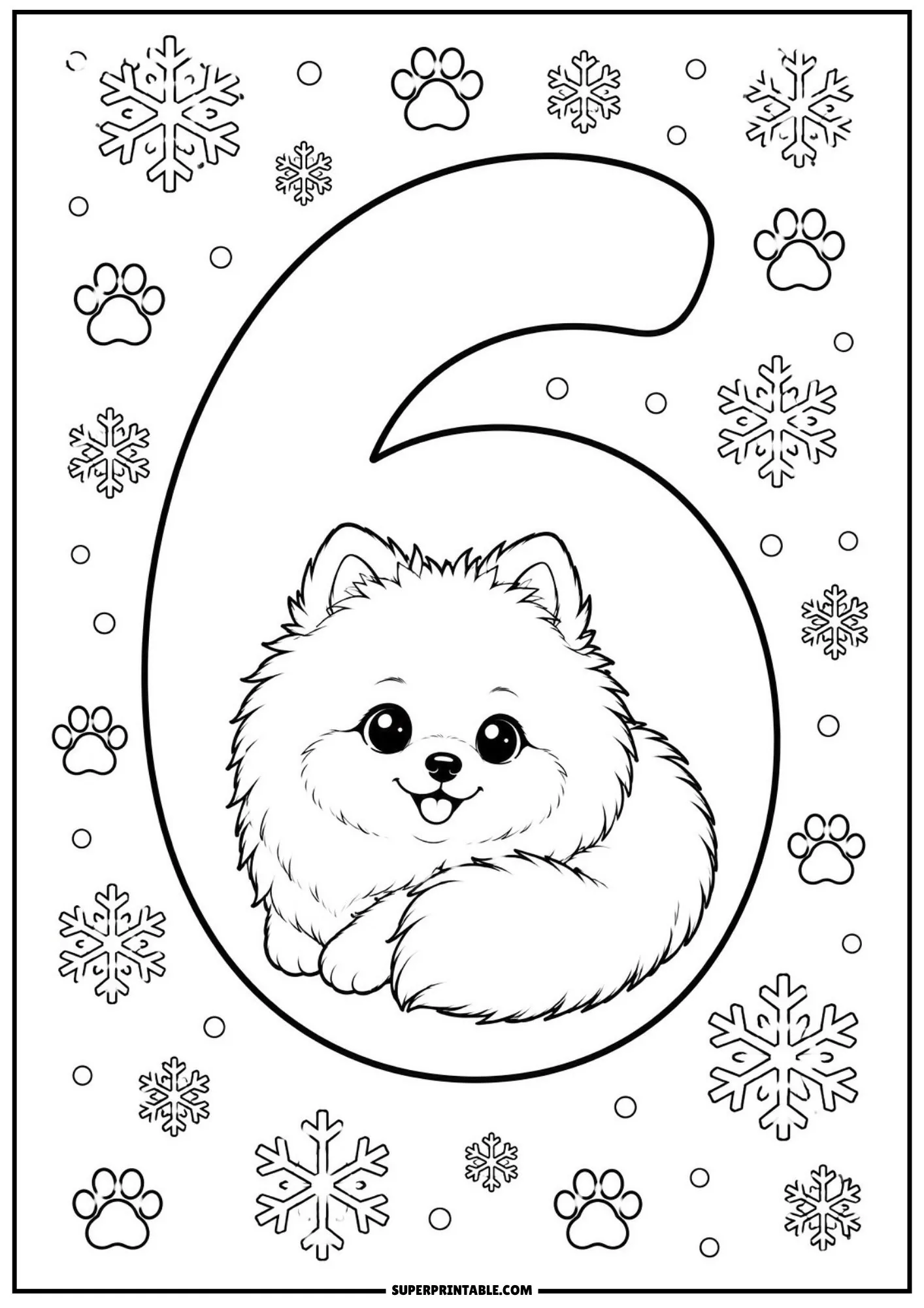 Cute Pomeranian pup sitting inside the lower circle of number 6 surrounded by snowflake outlines.