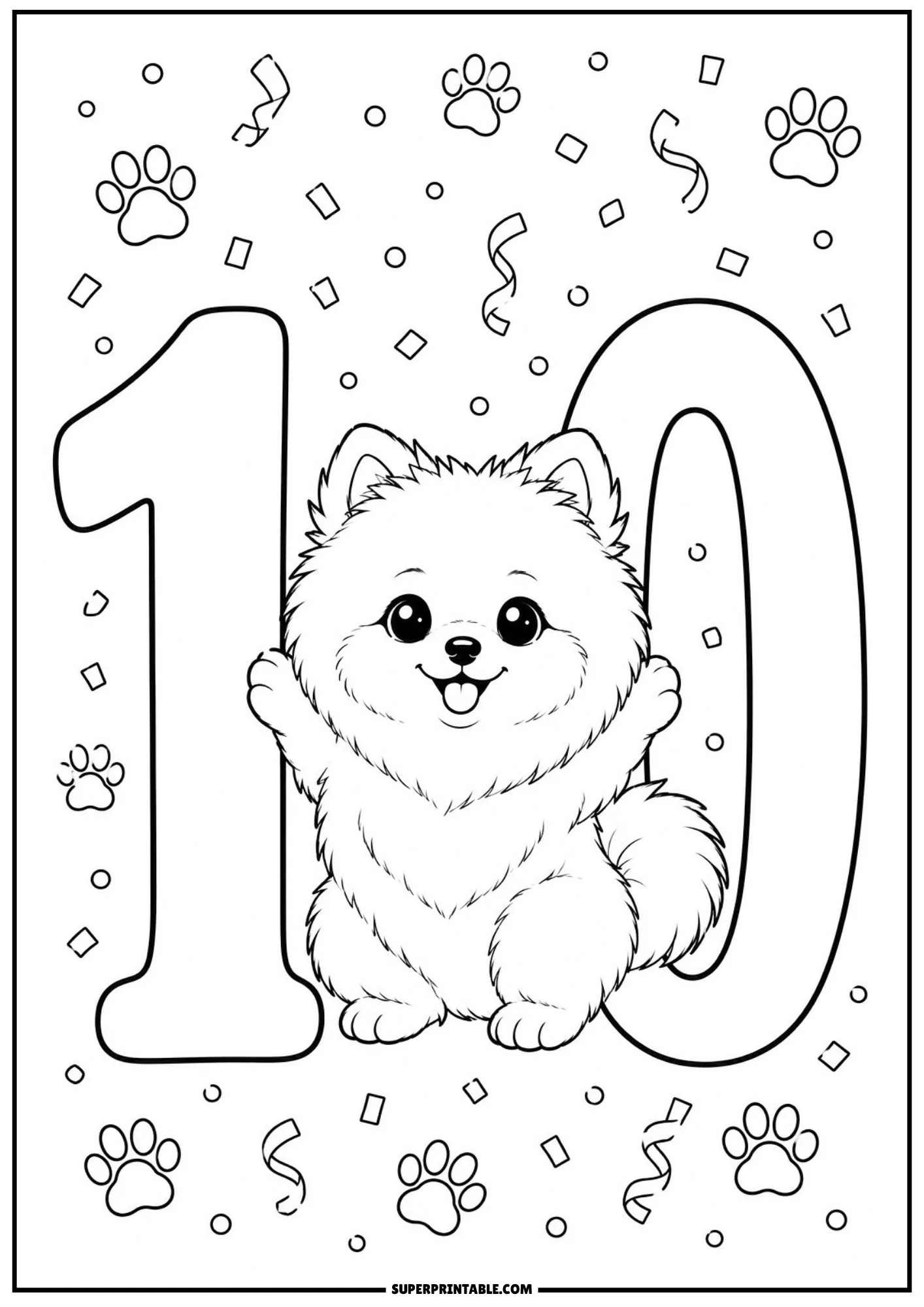 Pomeranian numbers coloring pages featuring a joyful dog celebrating beside a large number 10.