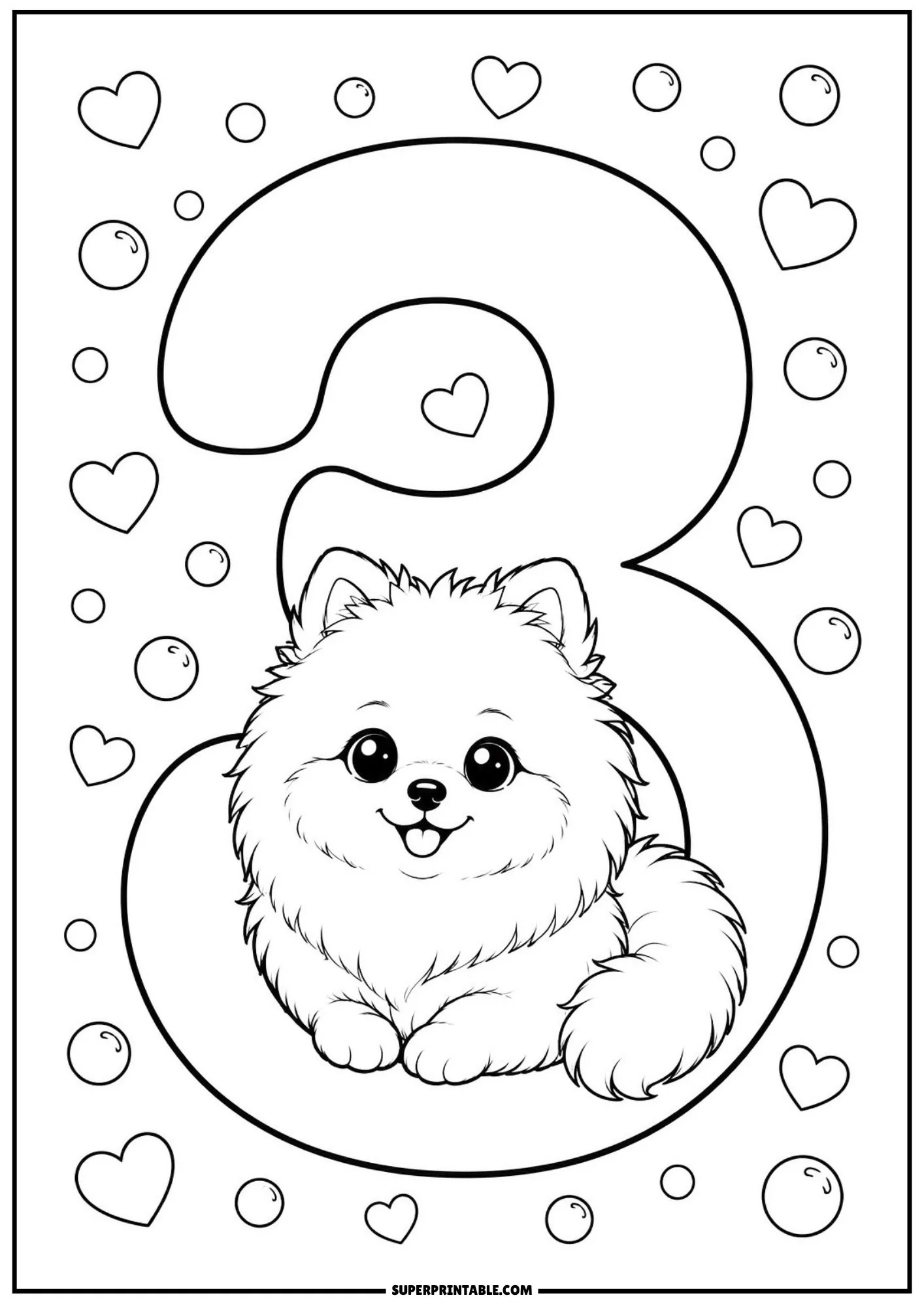 Fluffy Pomeranian puppy resting snugly inside the lower loop of number 3 with hearts and bubbles.