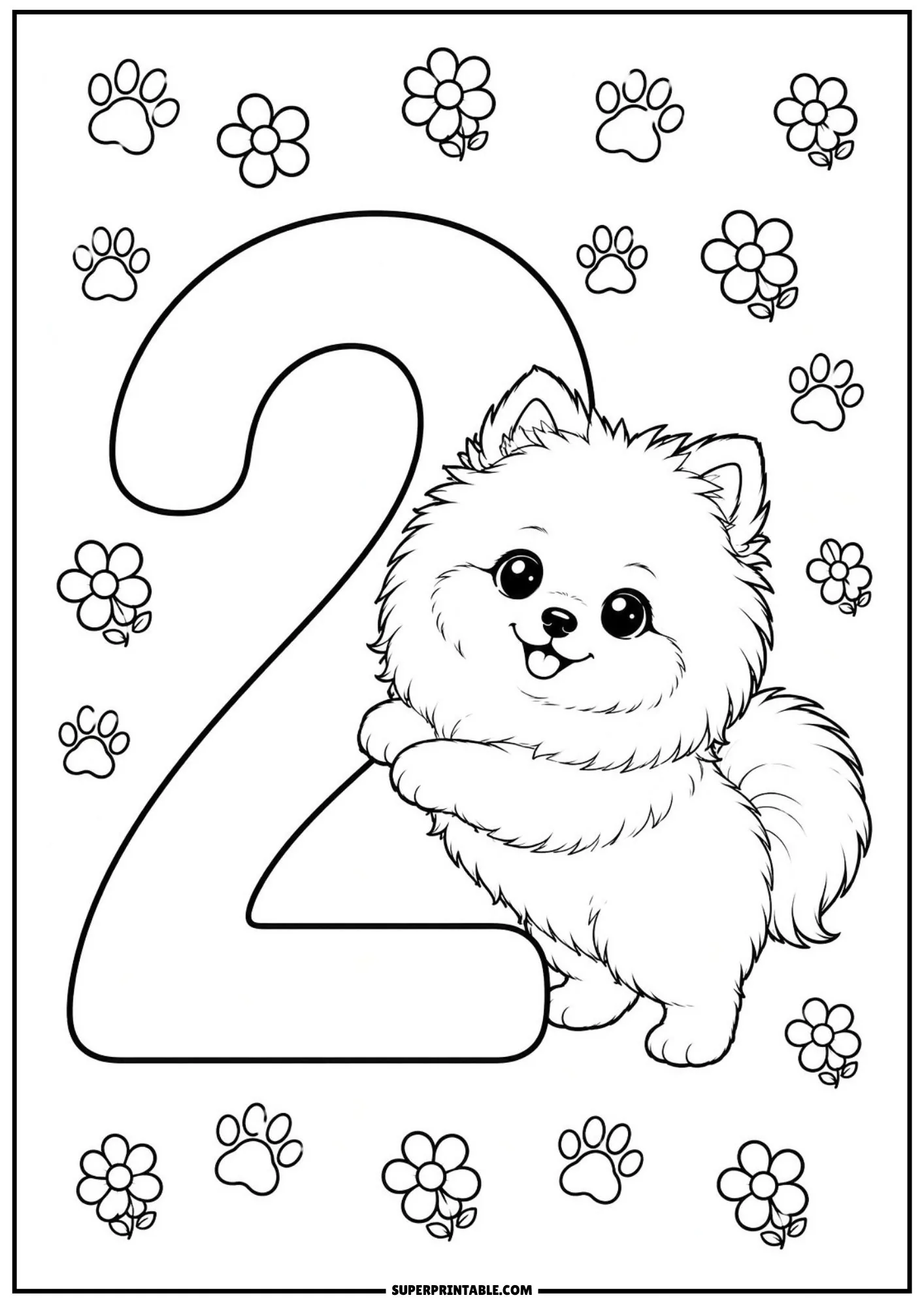 Adorable Pomeranian puppy leaning against a big number 2 surrounded by cute daisies and paw prints.